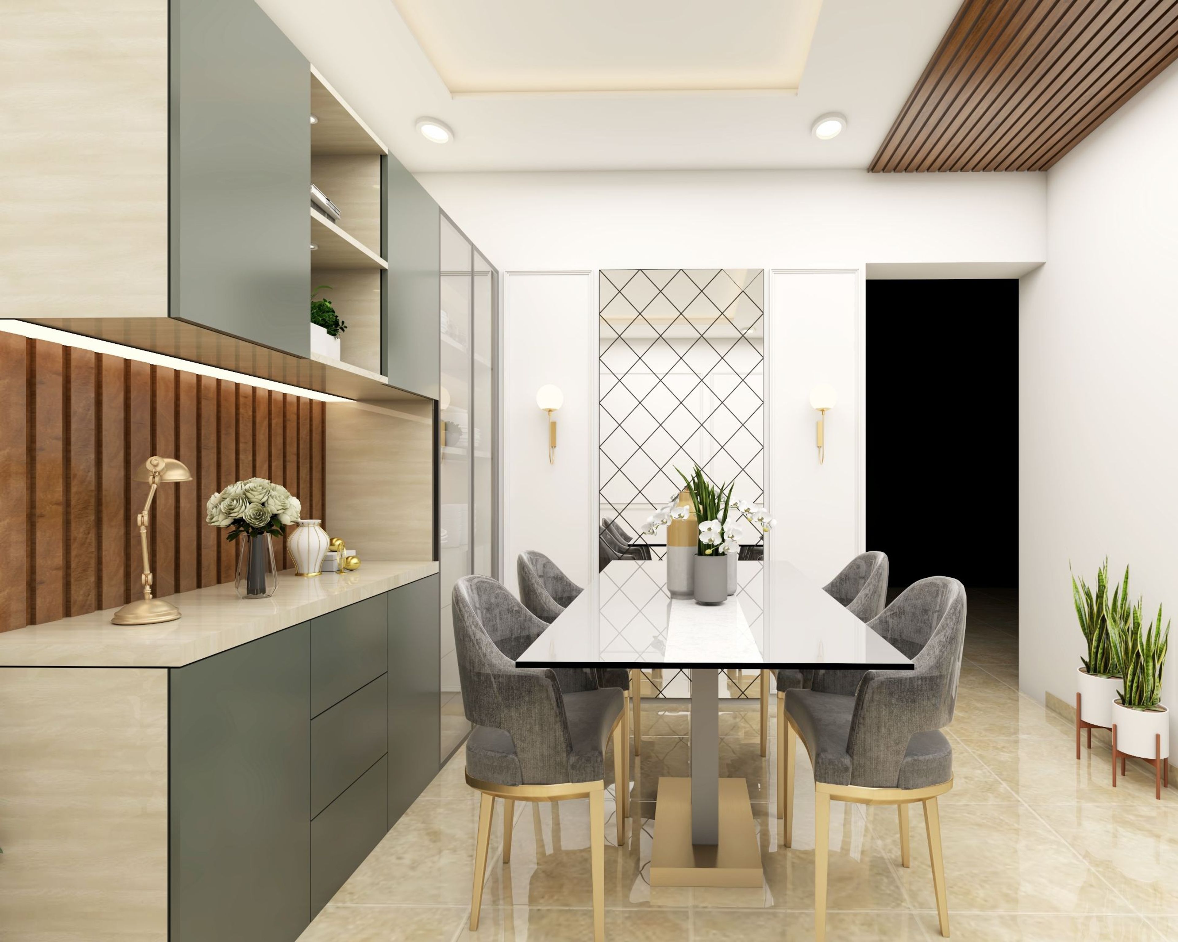 Contemporary 4-Seater Dining Room Design With Crockery Unit