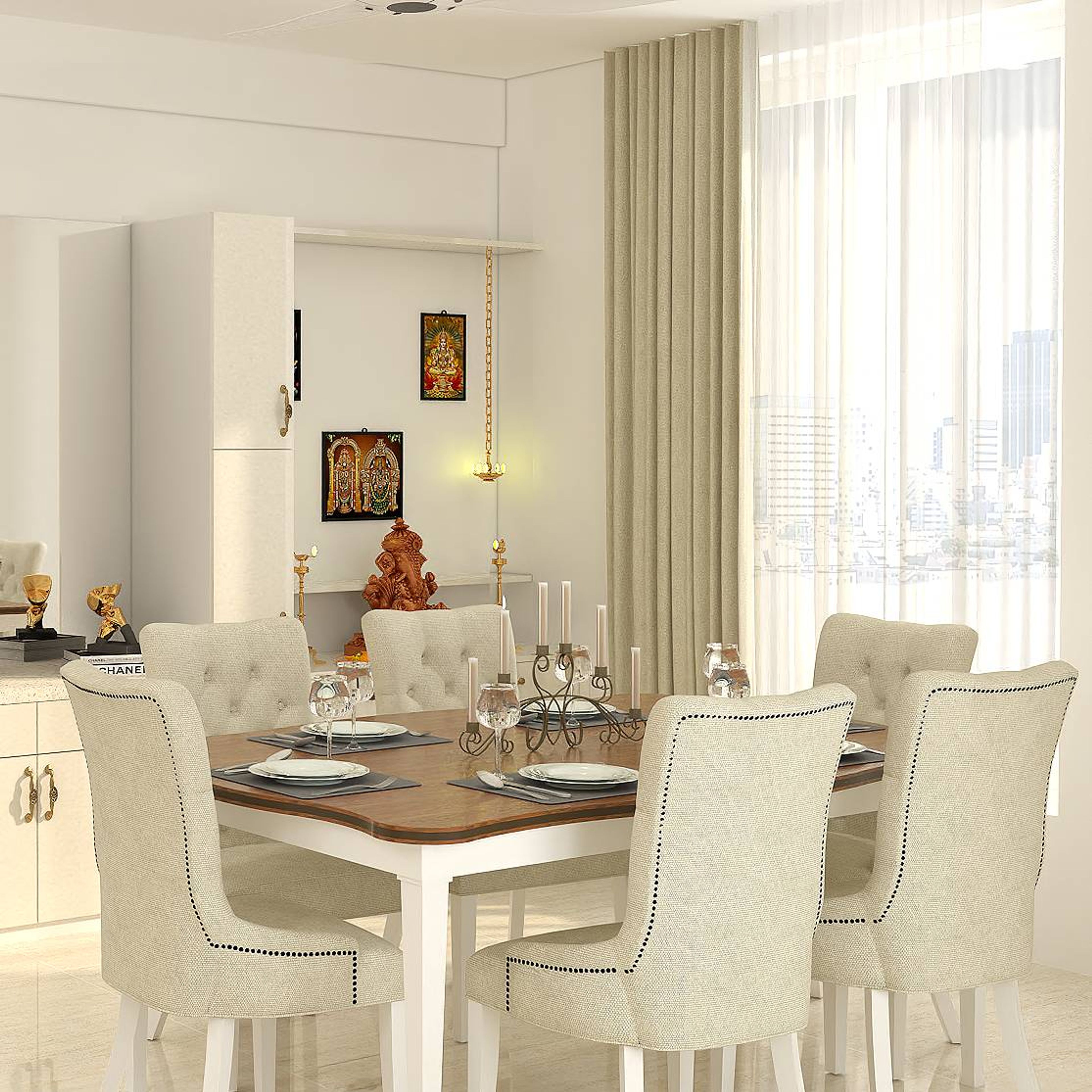 Contemporary Dining Room Design With Wooden Top And Pooja Unit