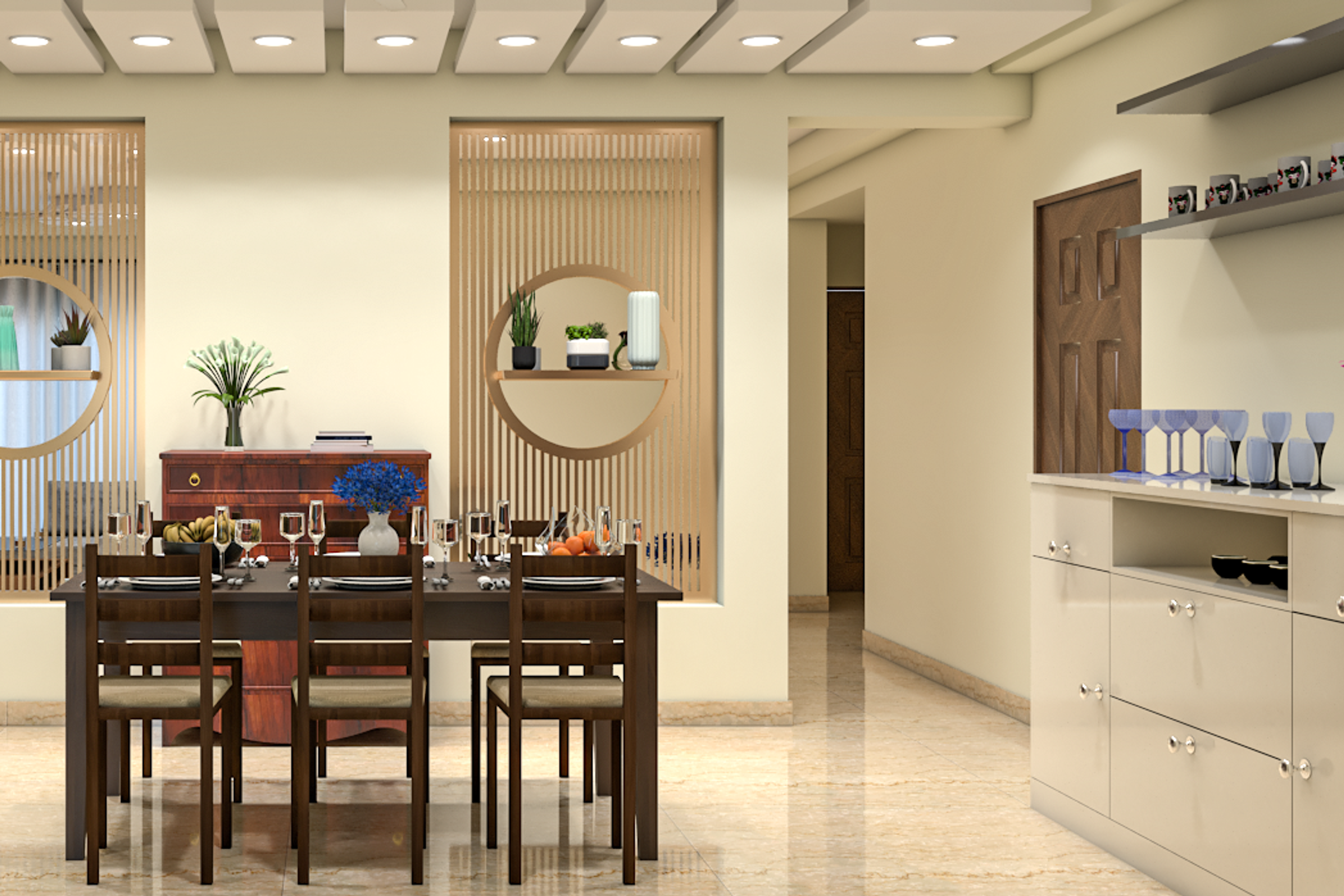 Contemporary Dining Room Design With Glossy Beige Flooring
