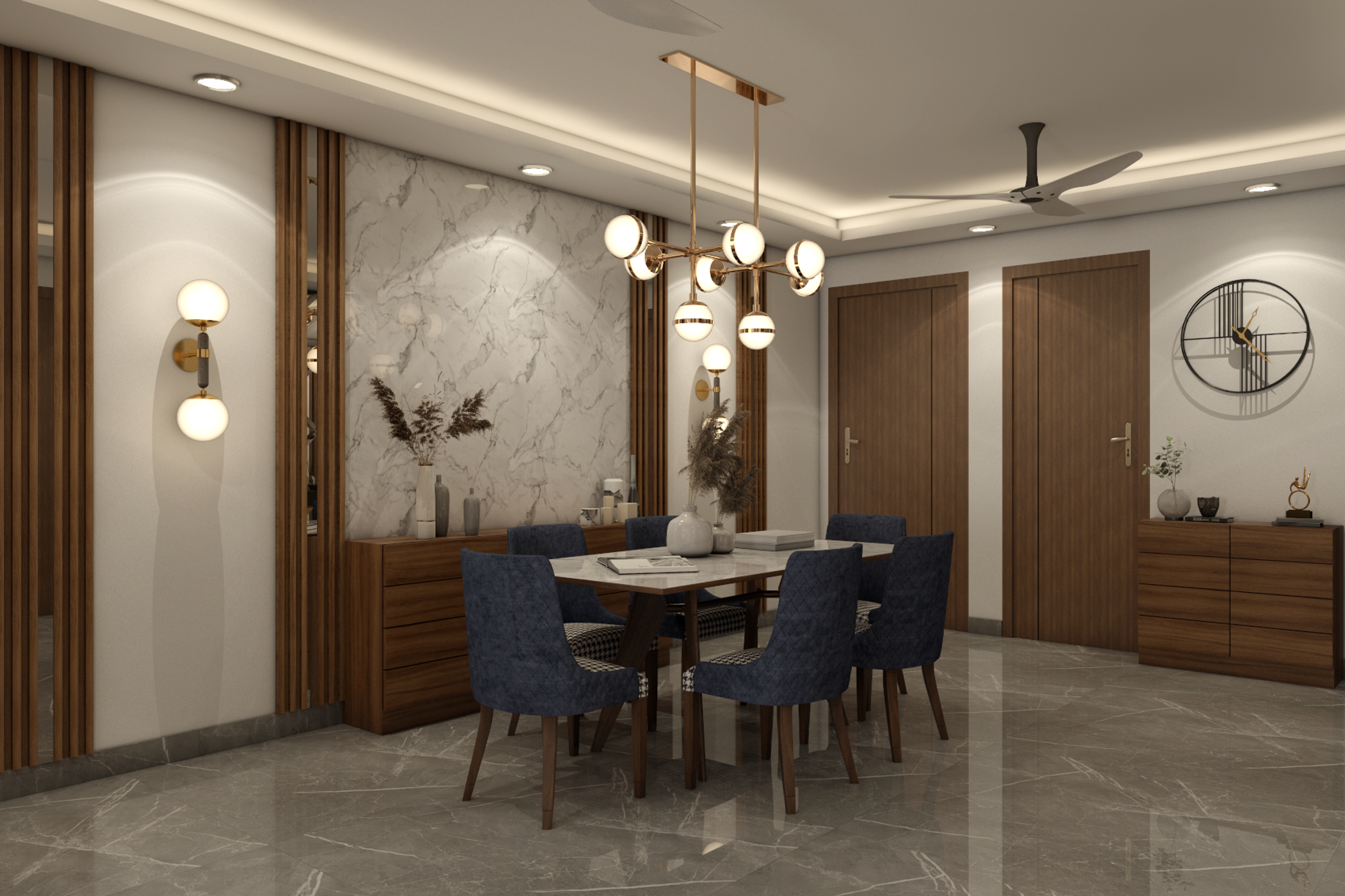 Classic 6-Seater Dining Room Design With Blue Chairs