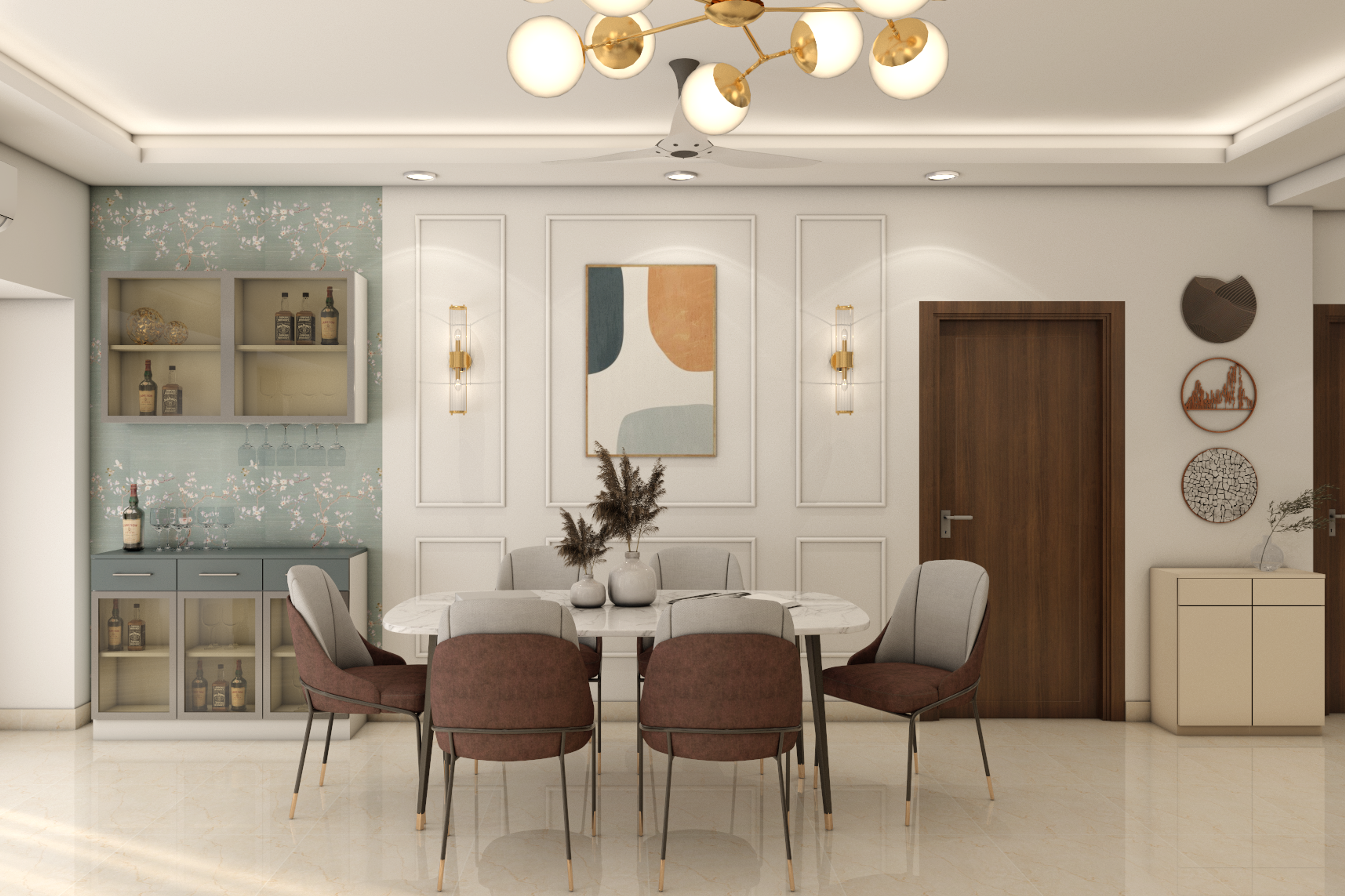Spacious Six-Seater Dining Room Design With Bar Counter