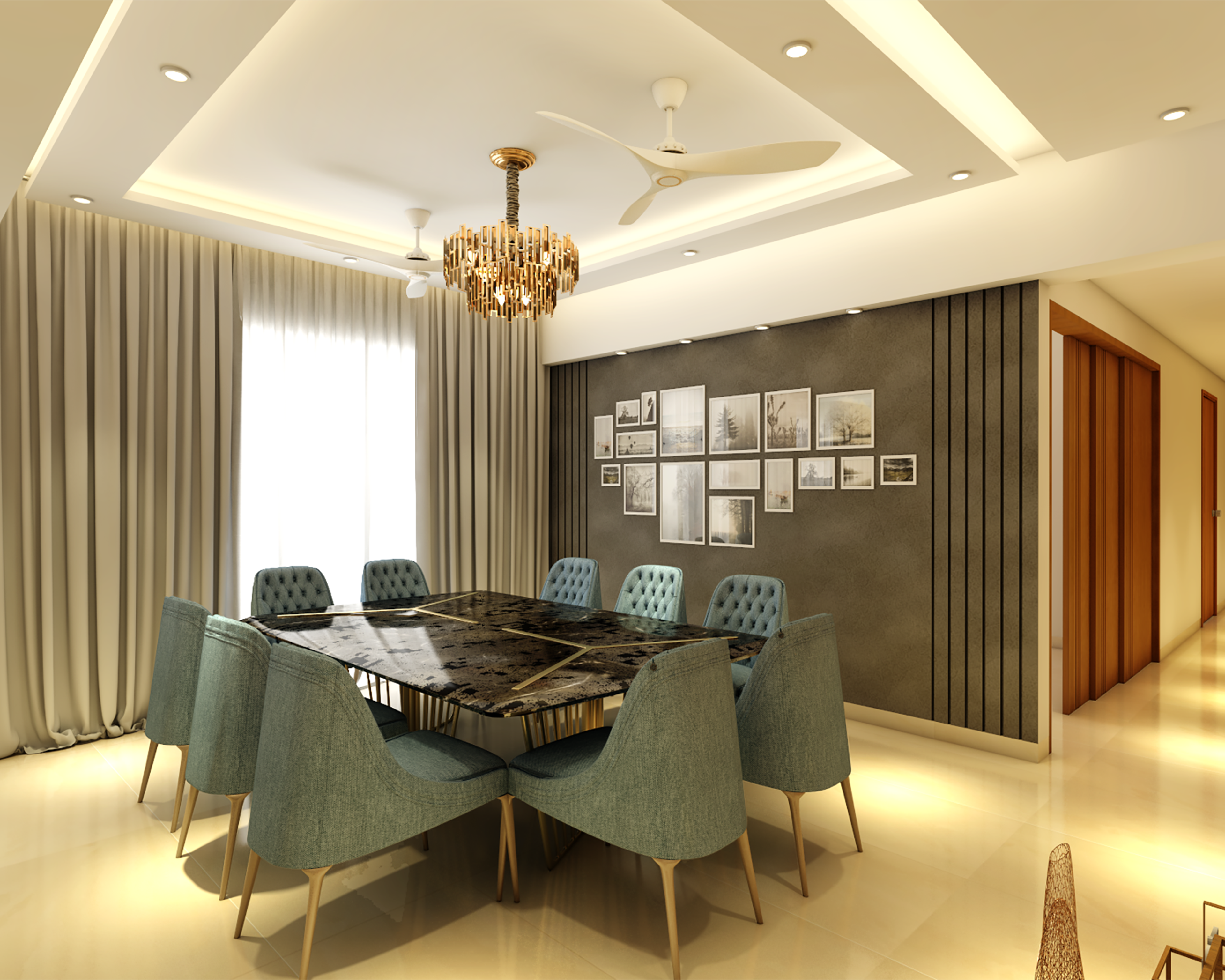 Spacious 10-Seater Dining Room Design With Sage Green Chairs