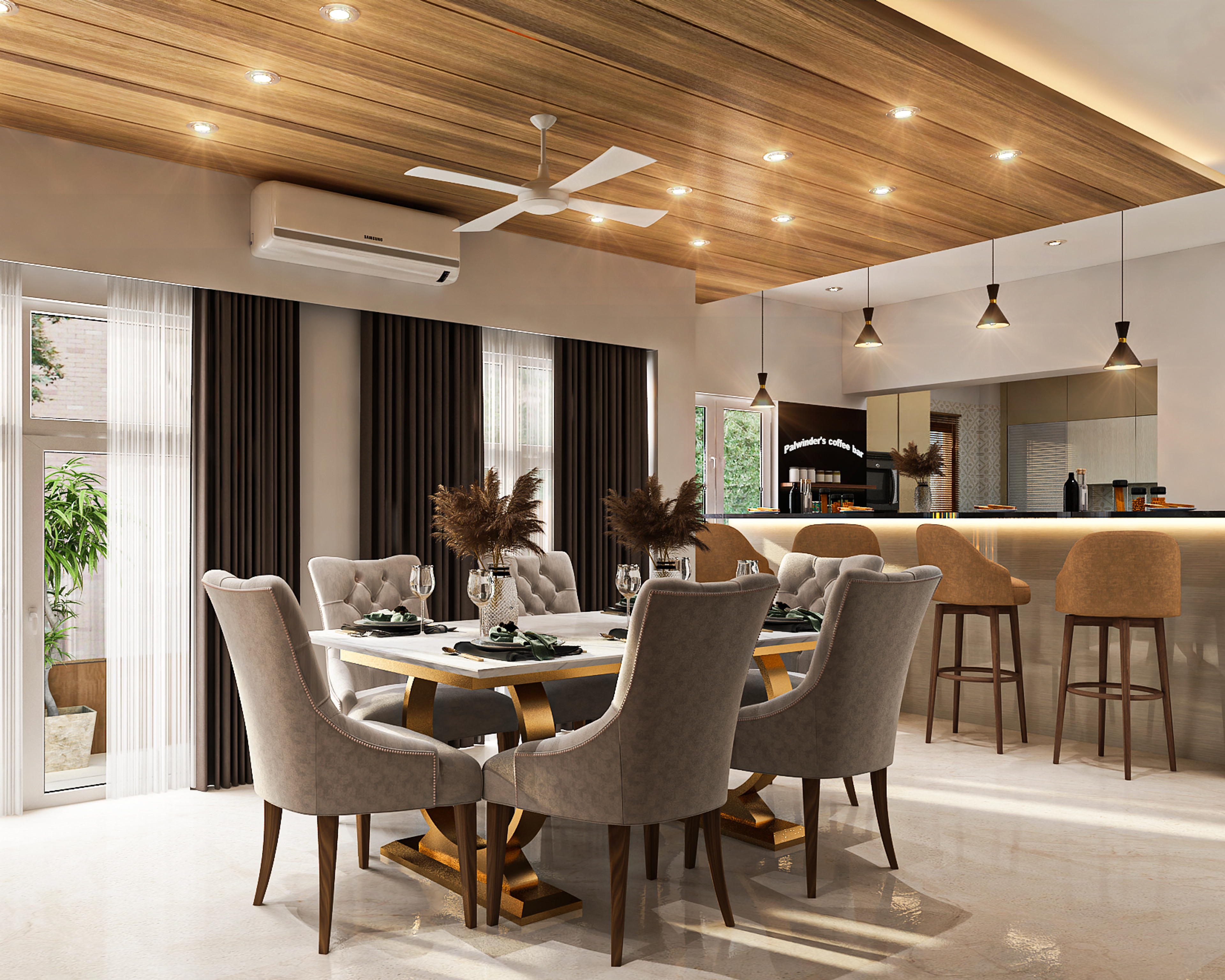 Modern Dining Room With Wooden False Ceiling – Livspace