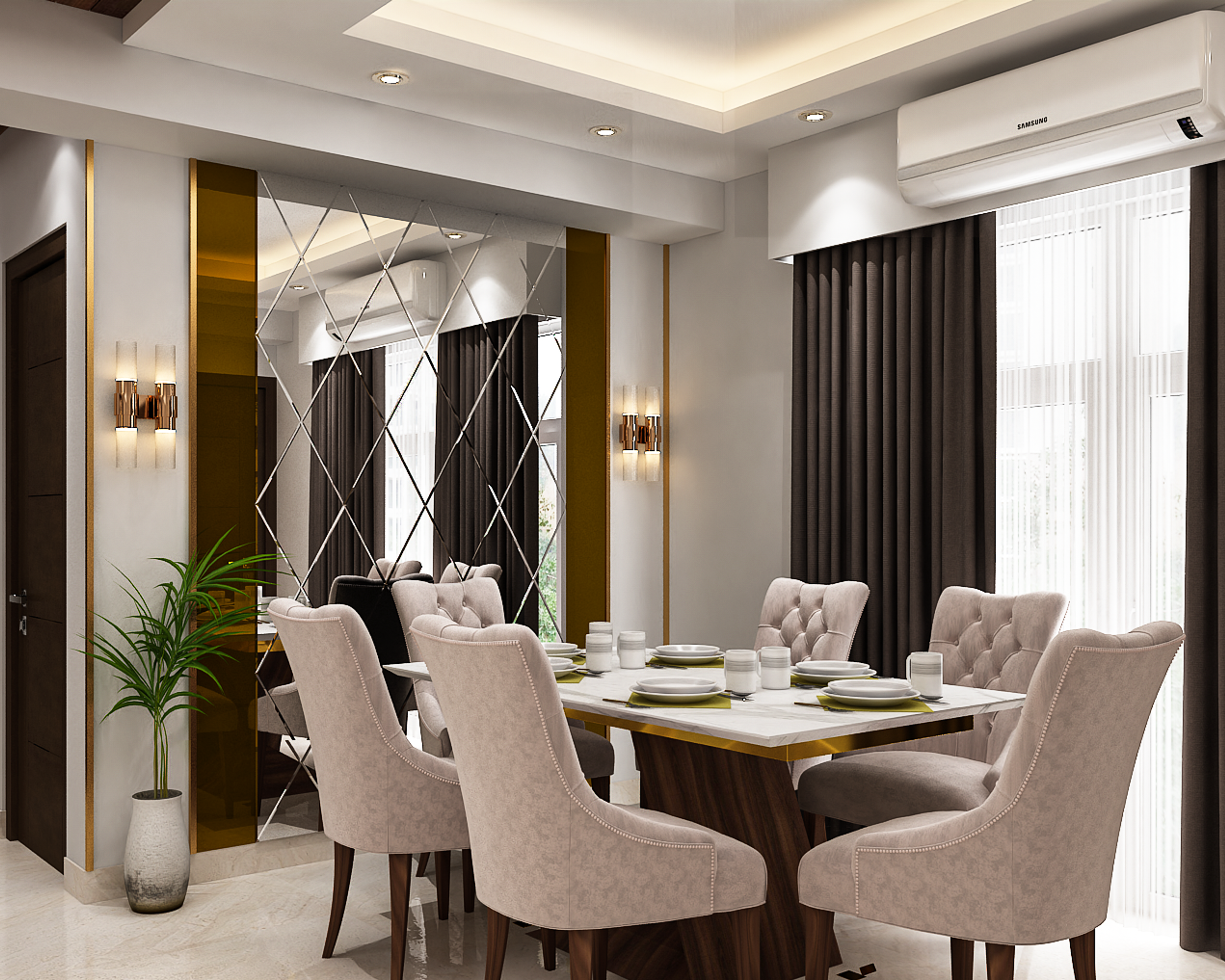 Modern 6-Seater Dining Room Design With Panelled Mirror Wall
