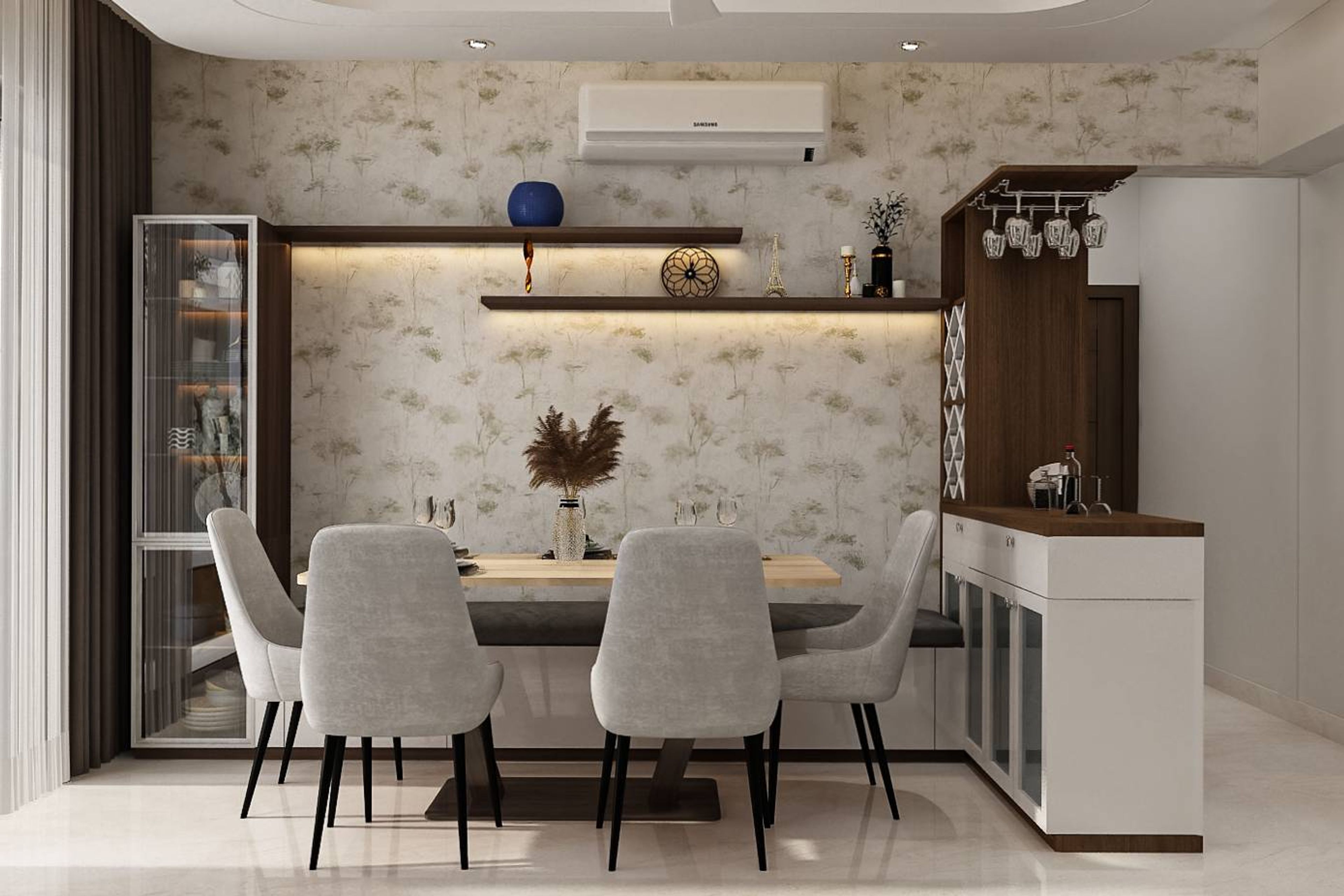 Spacious Dining Room Design With Light-Brown Wooden Dining Table