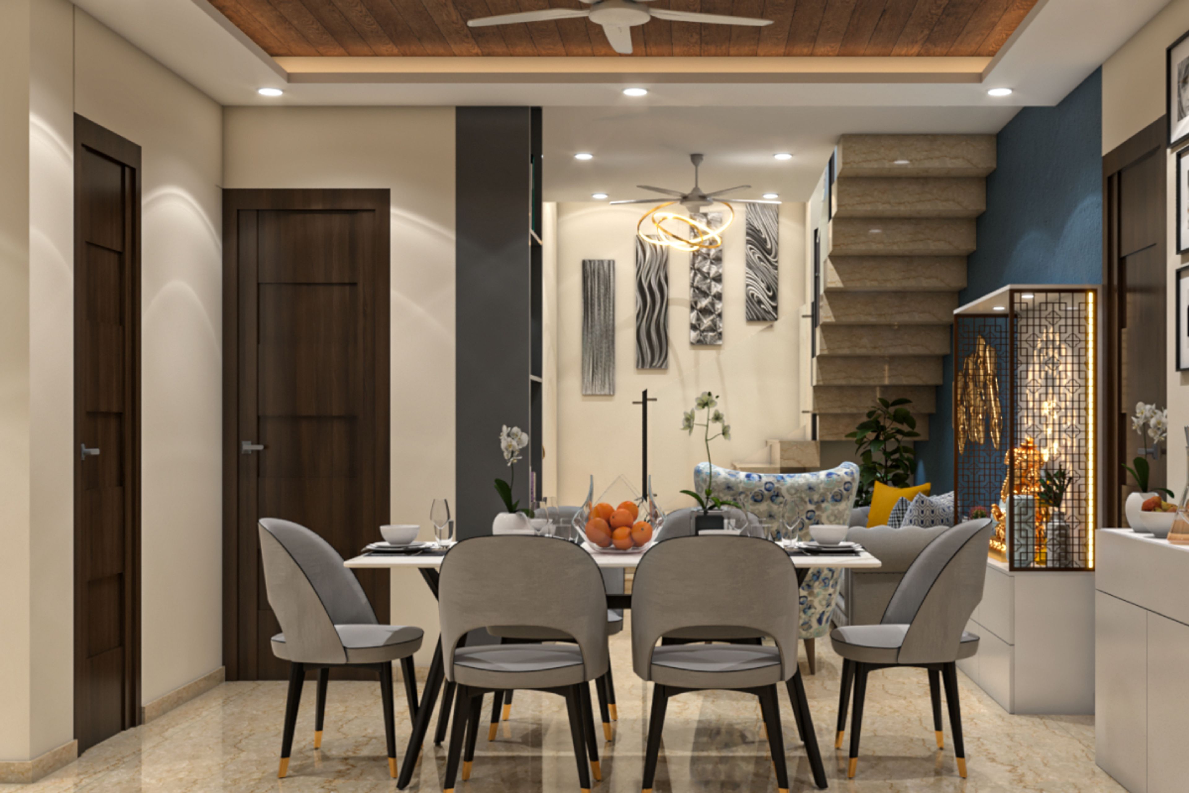 6-Seater Dining Room With Wooden Ceiling - Livspace