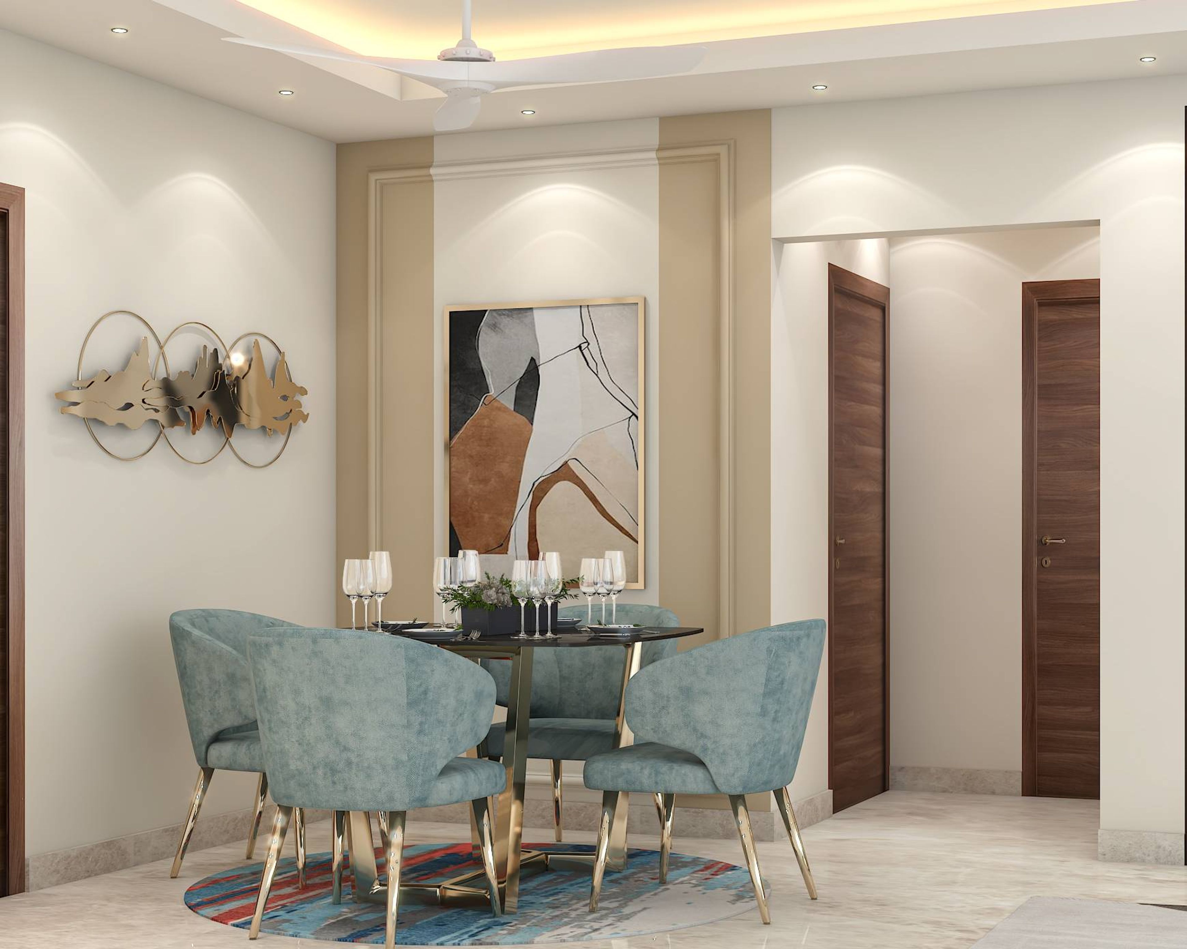 Modern Style Compact Convenient Dining Room Design With Blue Chairs