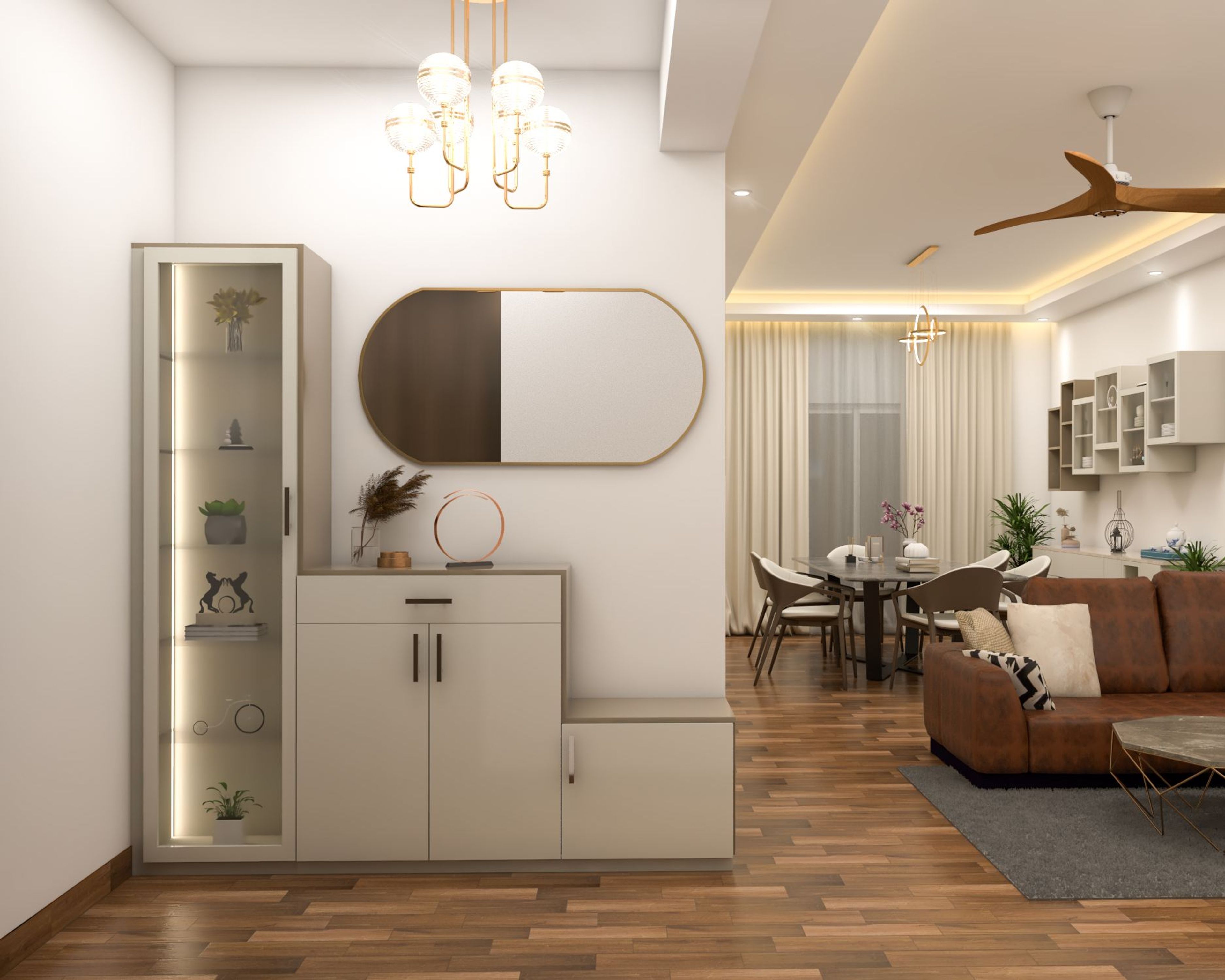 White Contemporary Foyer Design With Brass Frame