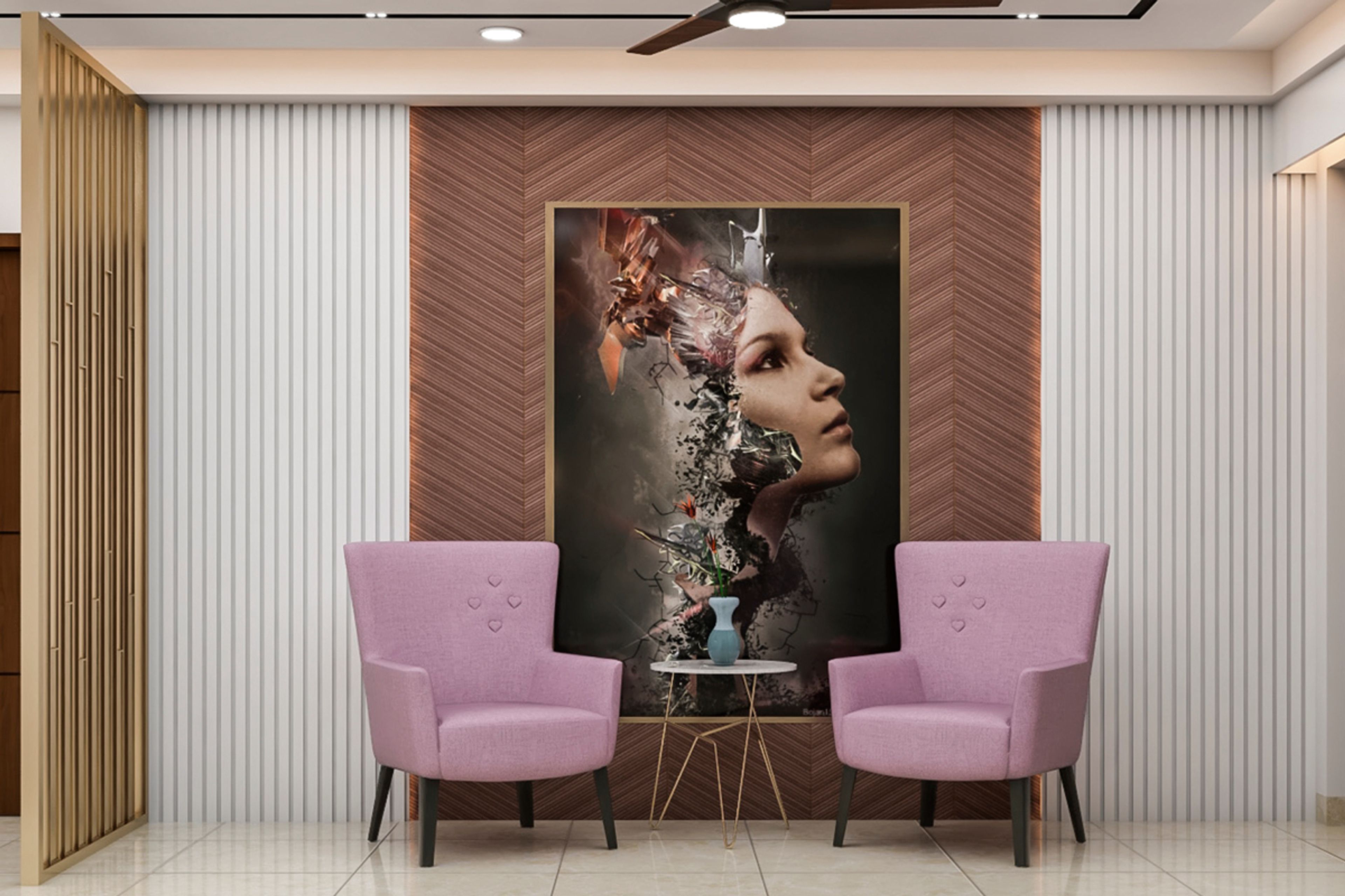 Contemporary Spacious Foyer Design With Pink Accent Chairs