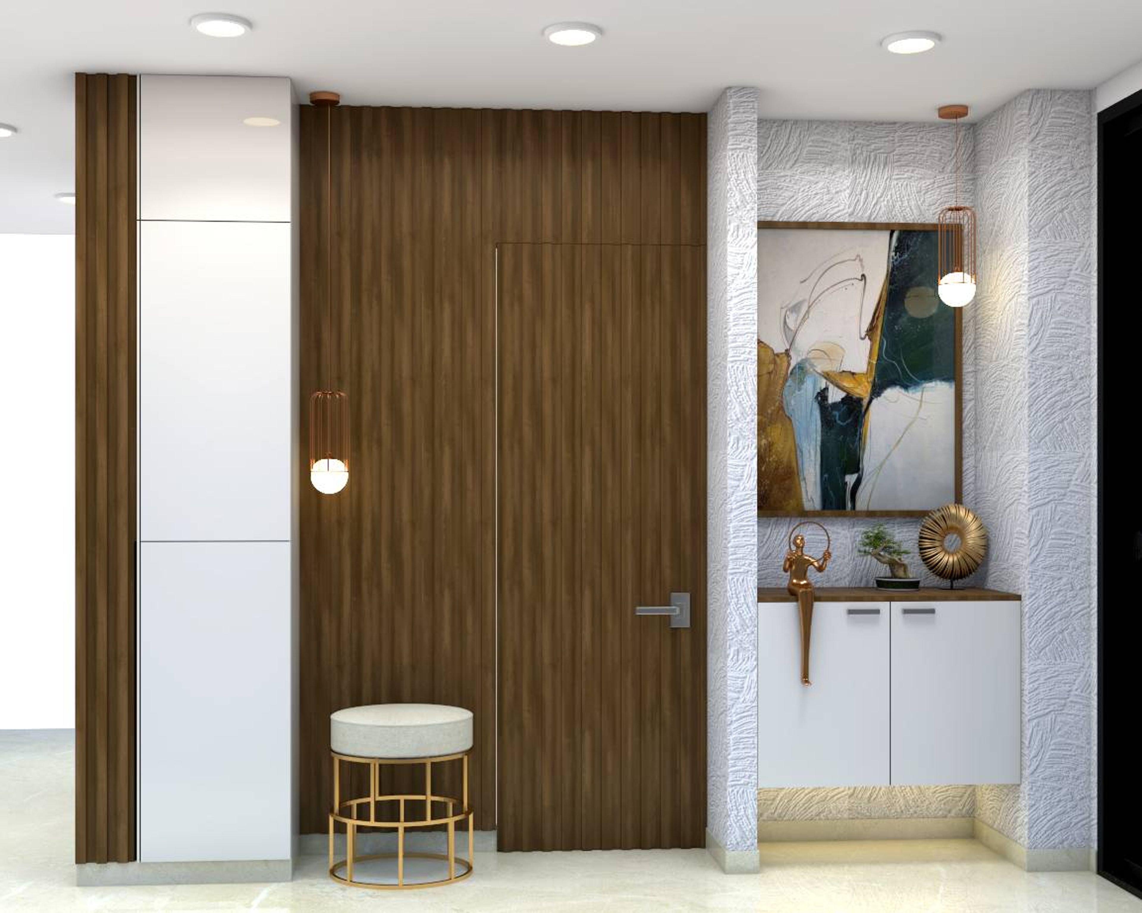 Contemporary Spacious Foyer Design With Brass Artefacts