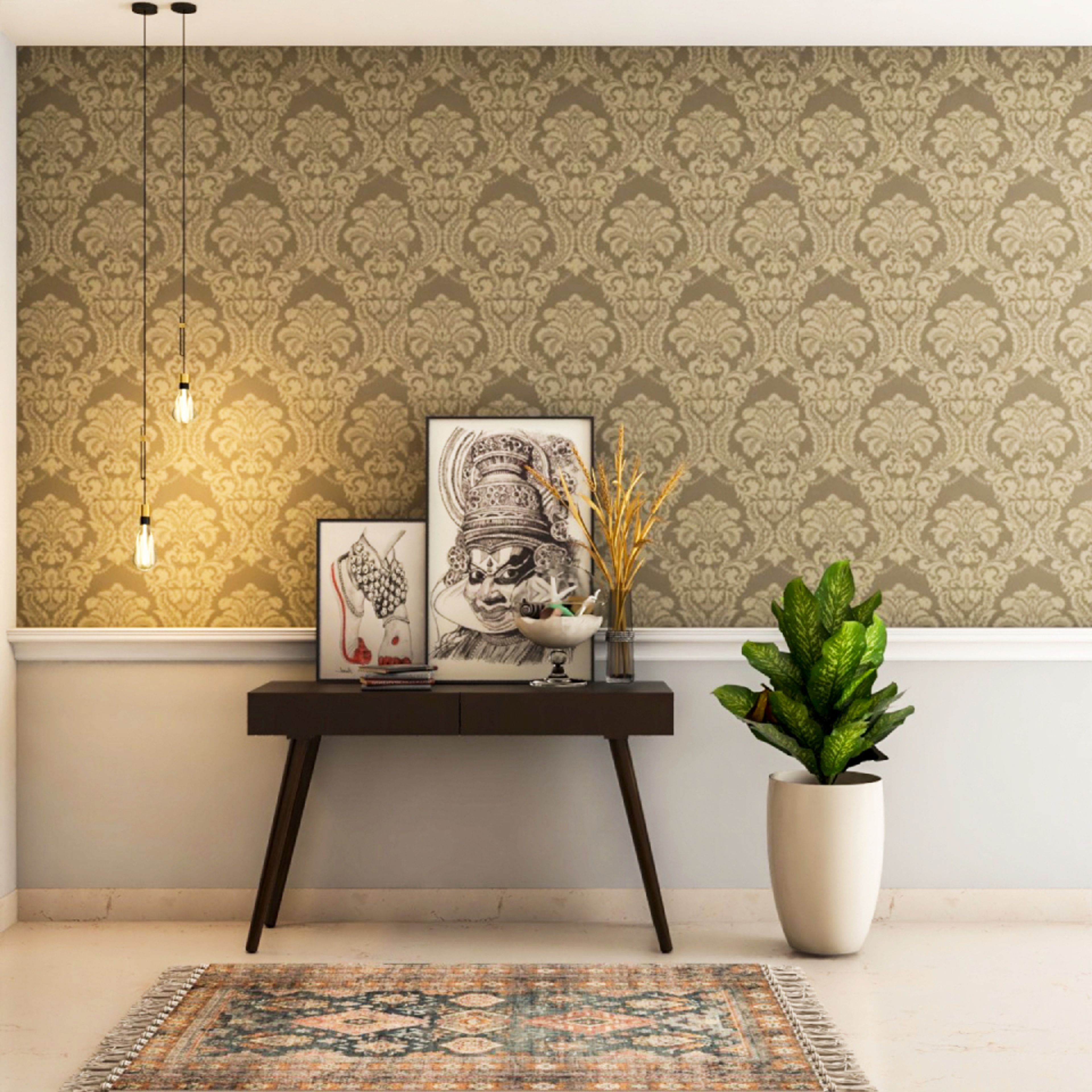 Modern Foyer Design With Damask Patterned Beige Wallpaper - Livspace