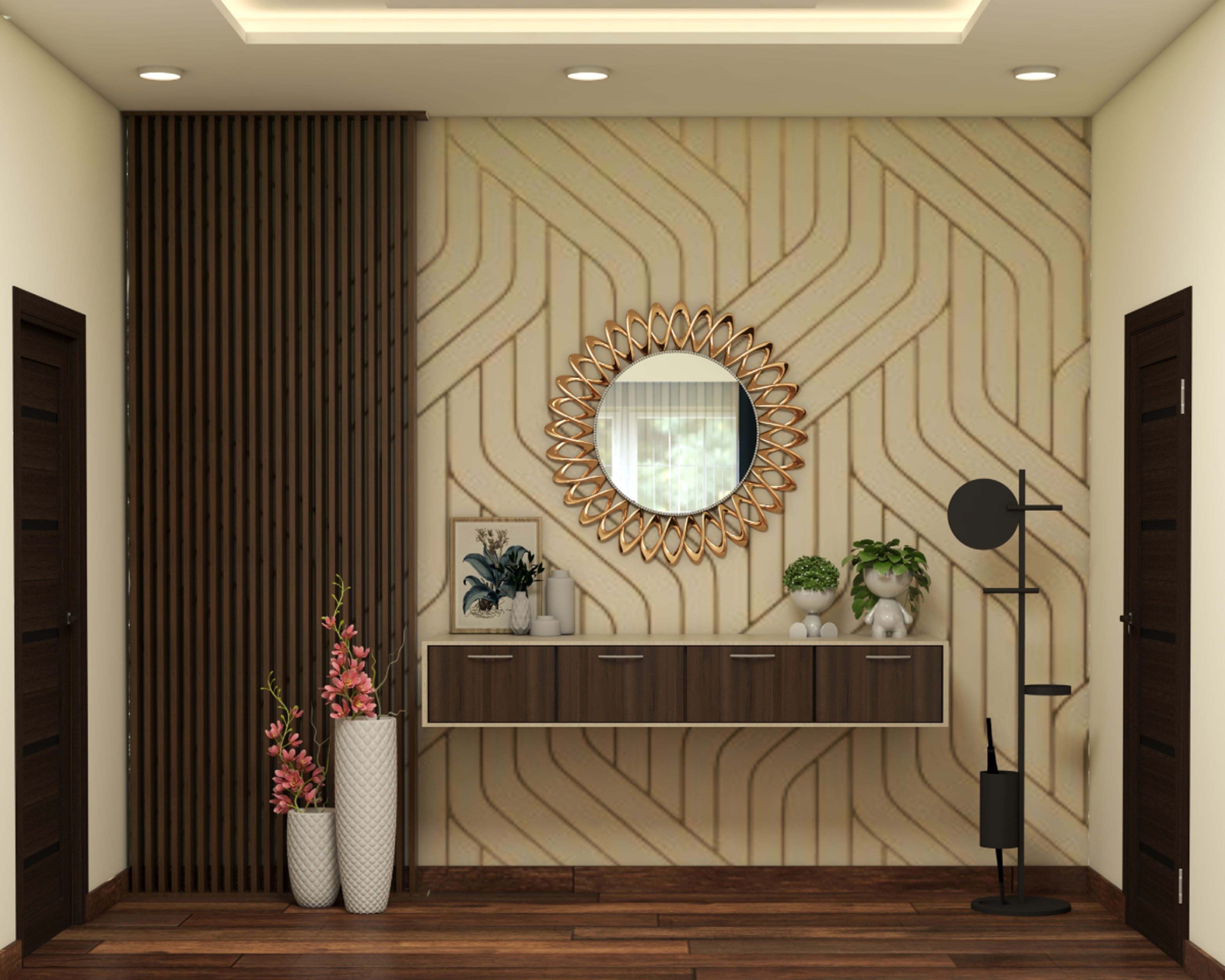Modern Foyer Design With Beige Abstract Wallpaper