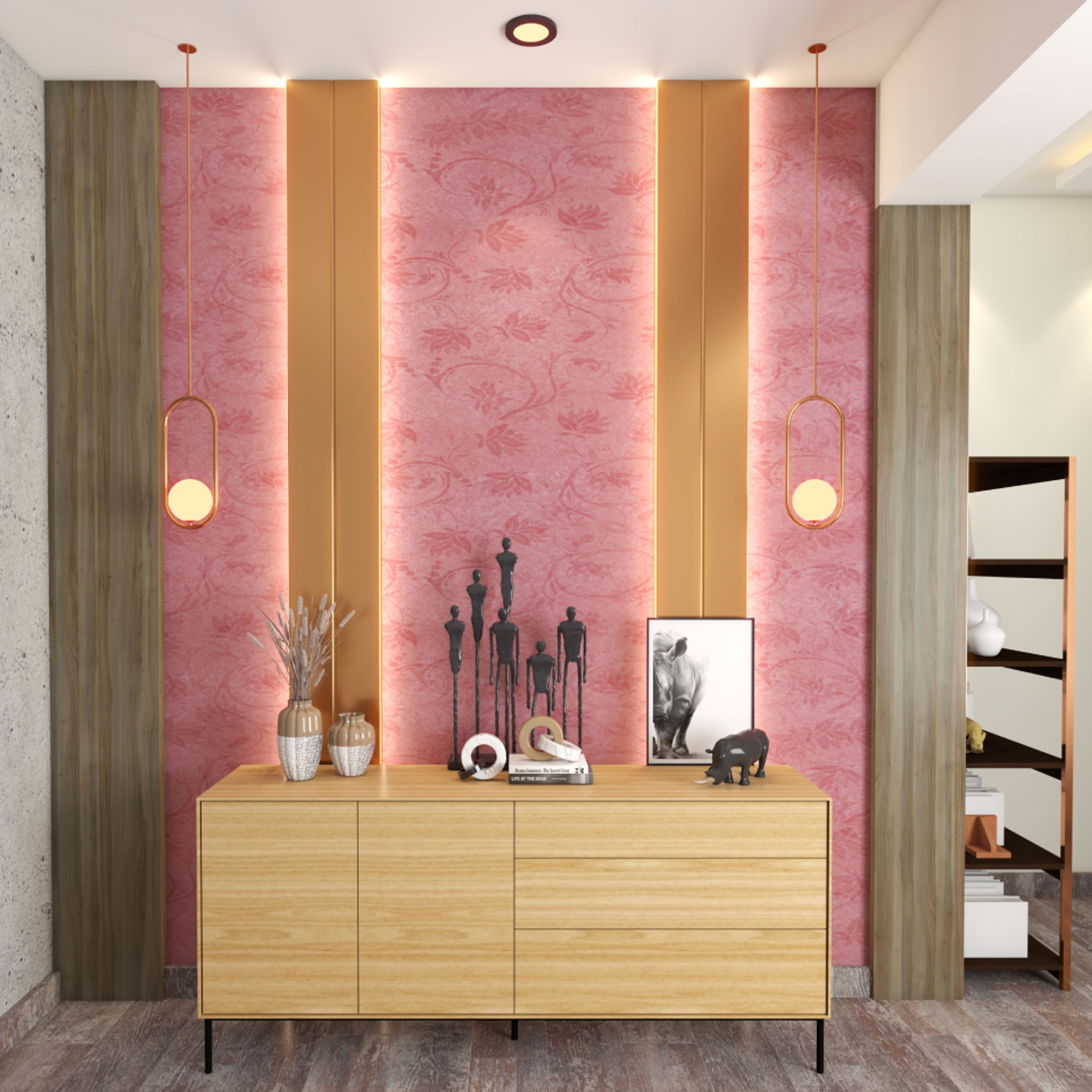 Contemporary Foyer Design With Pink Wallpaper