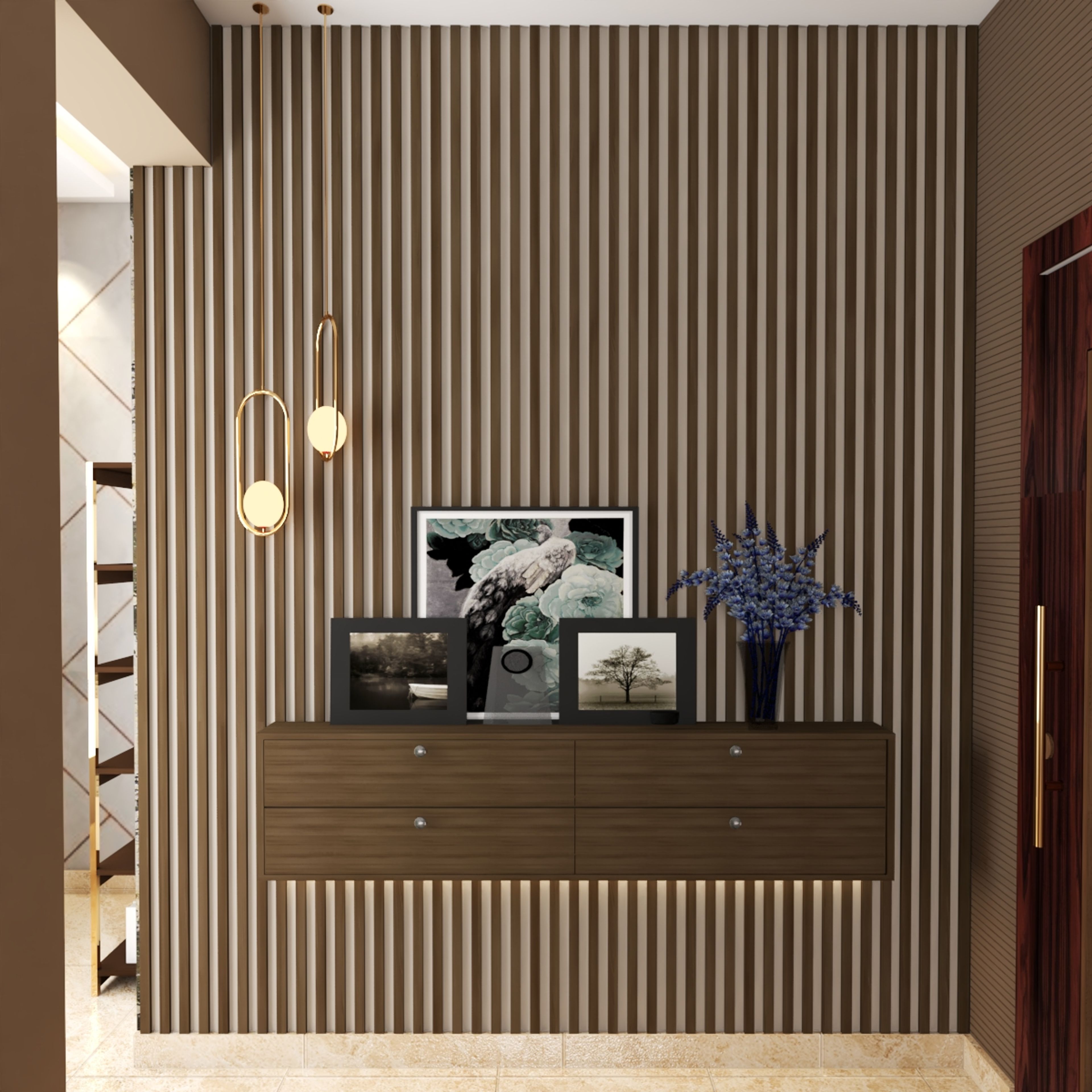 Modern Foyer Design With Wooden Grain Finish Laminate