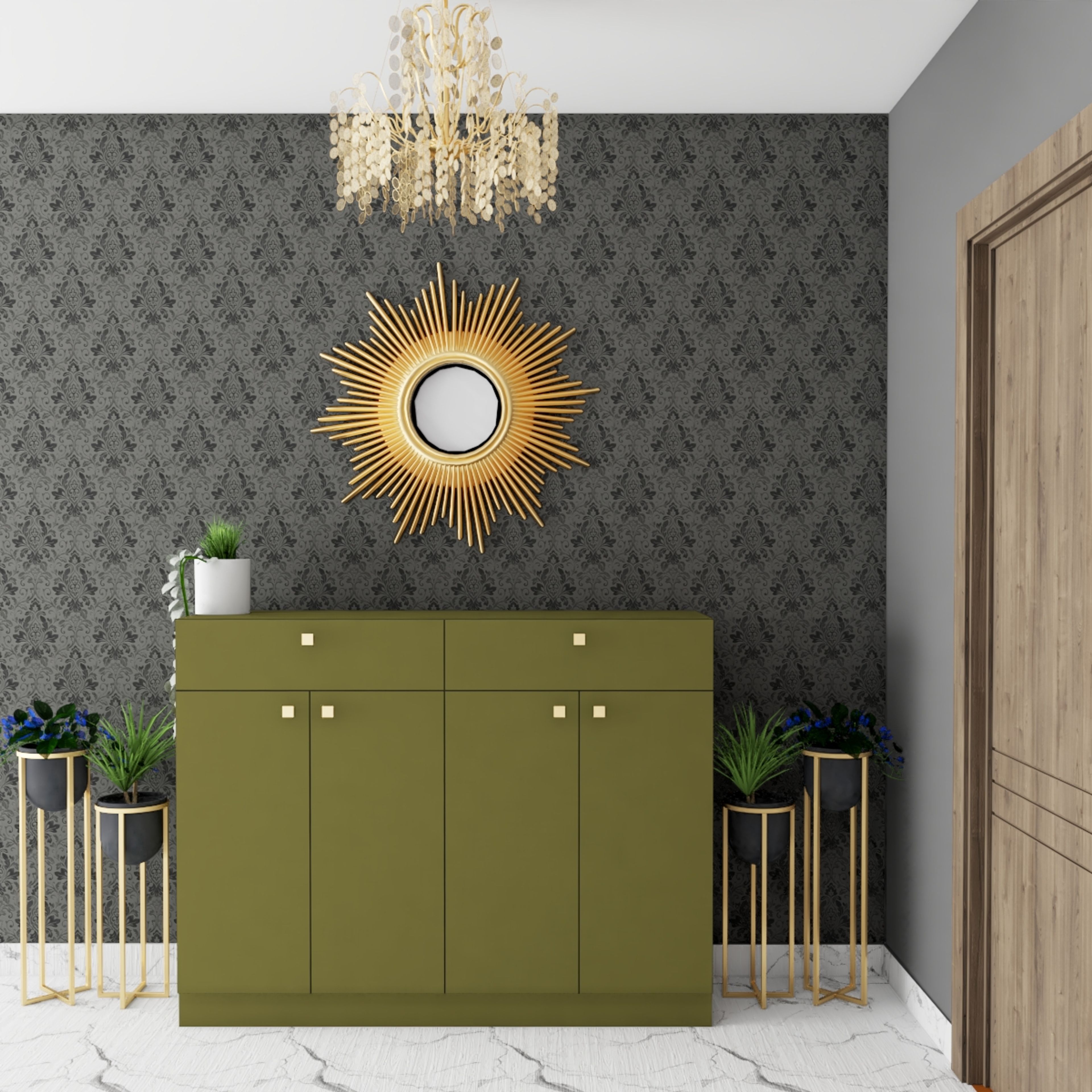Contemporary Foyer Design With Damask Wallpaper