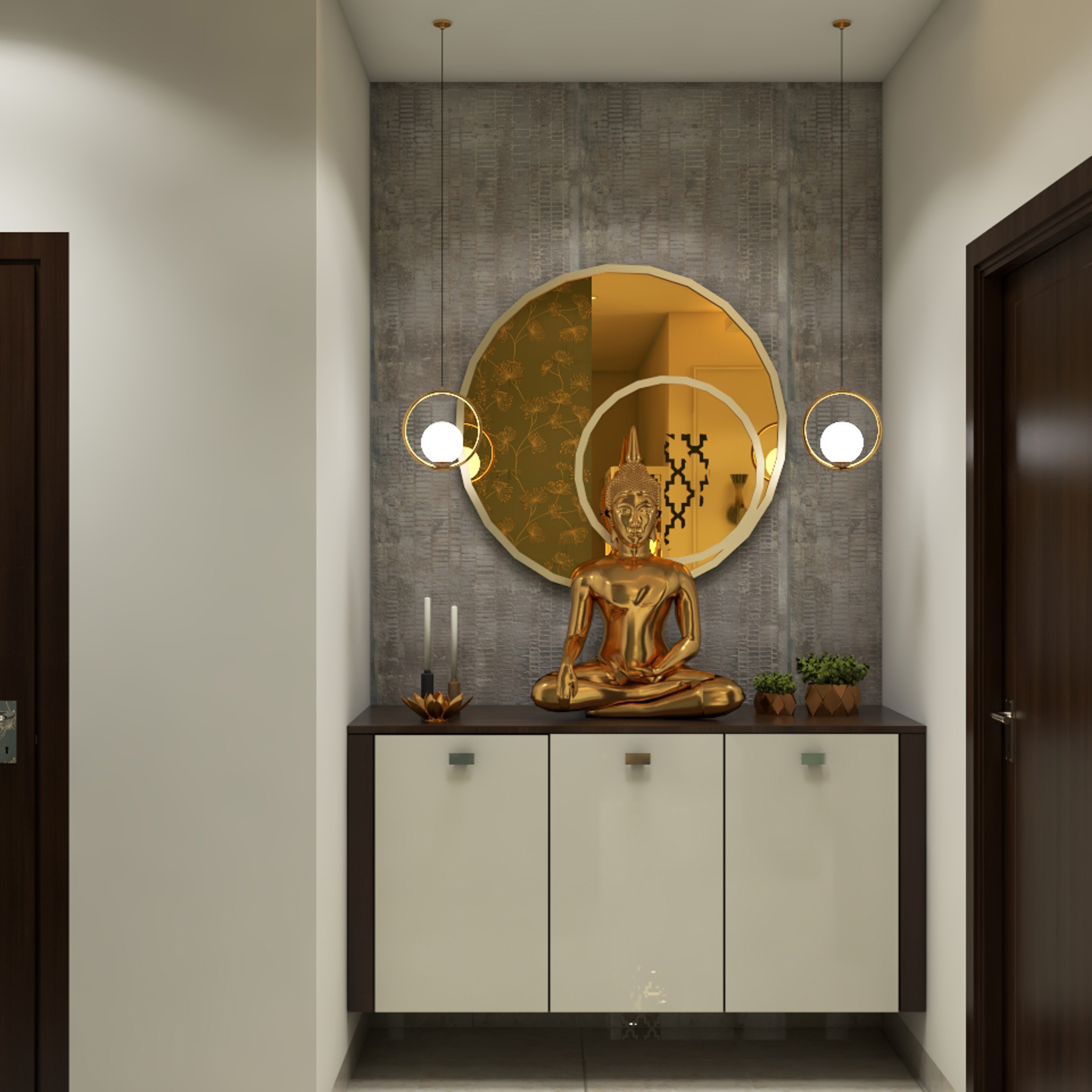 Modern Foyer Design With Grey Backdrop And Buddha Statue