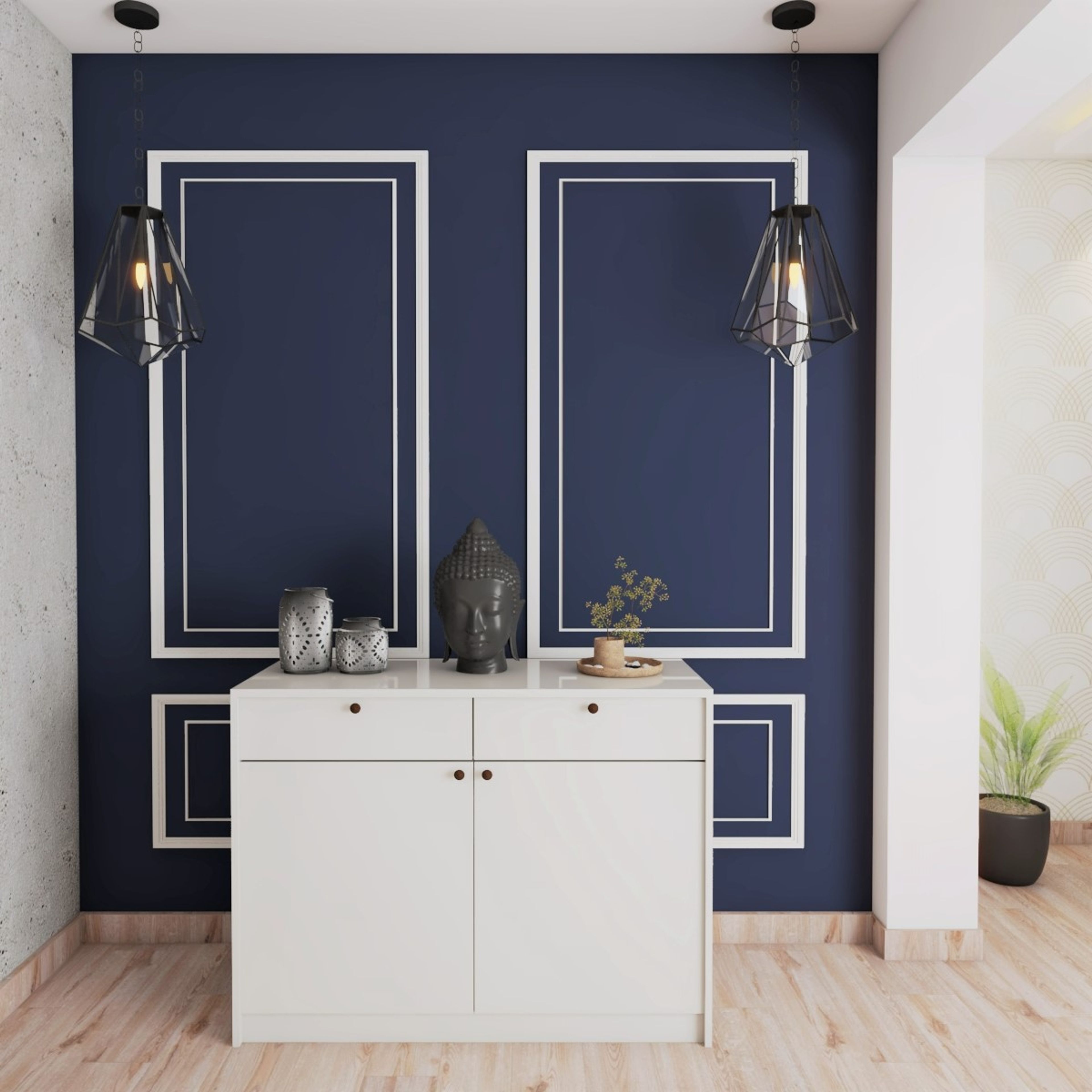 Classic Foyer Design With Blue Accent Wall And White Trims
