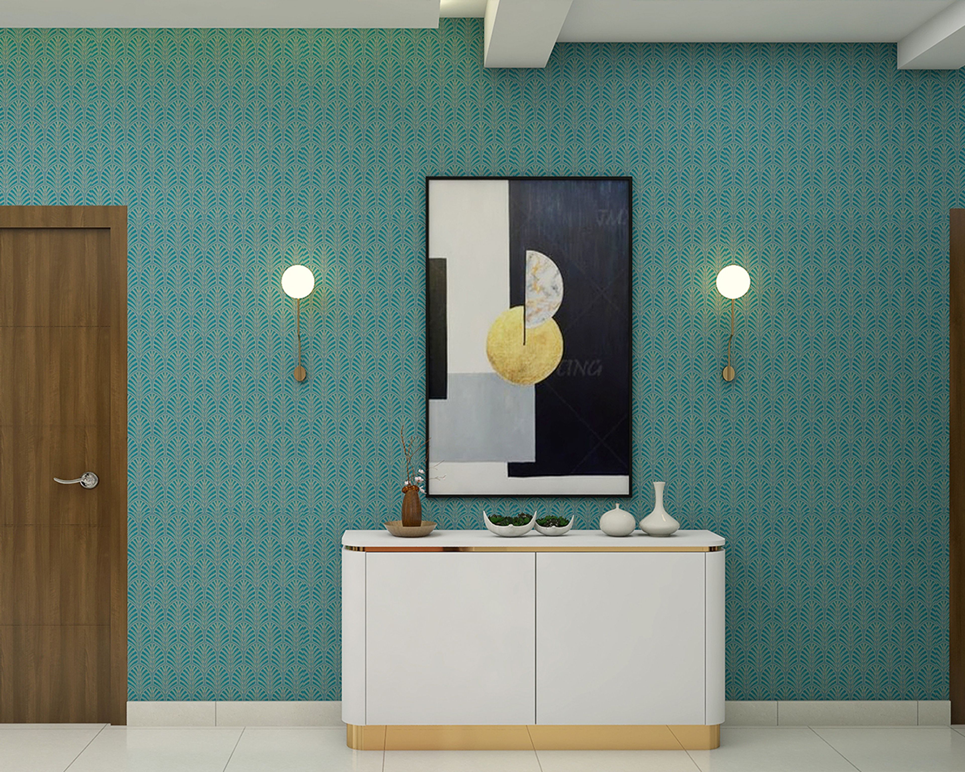 Contemporary Foyer Design With Green Wallpaper