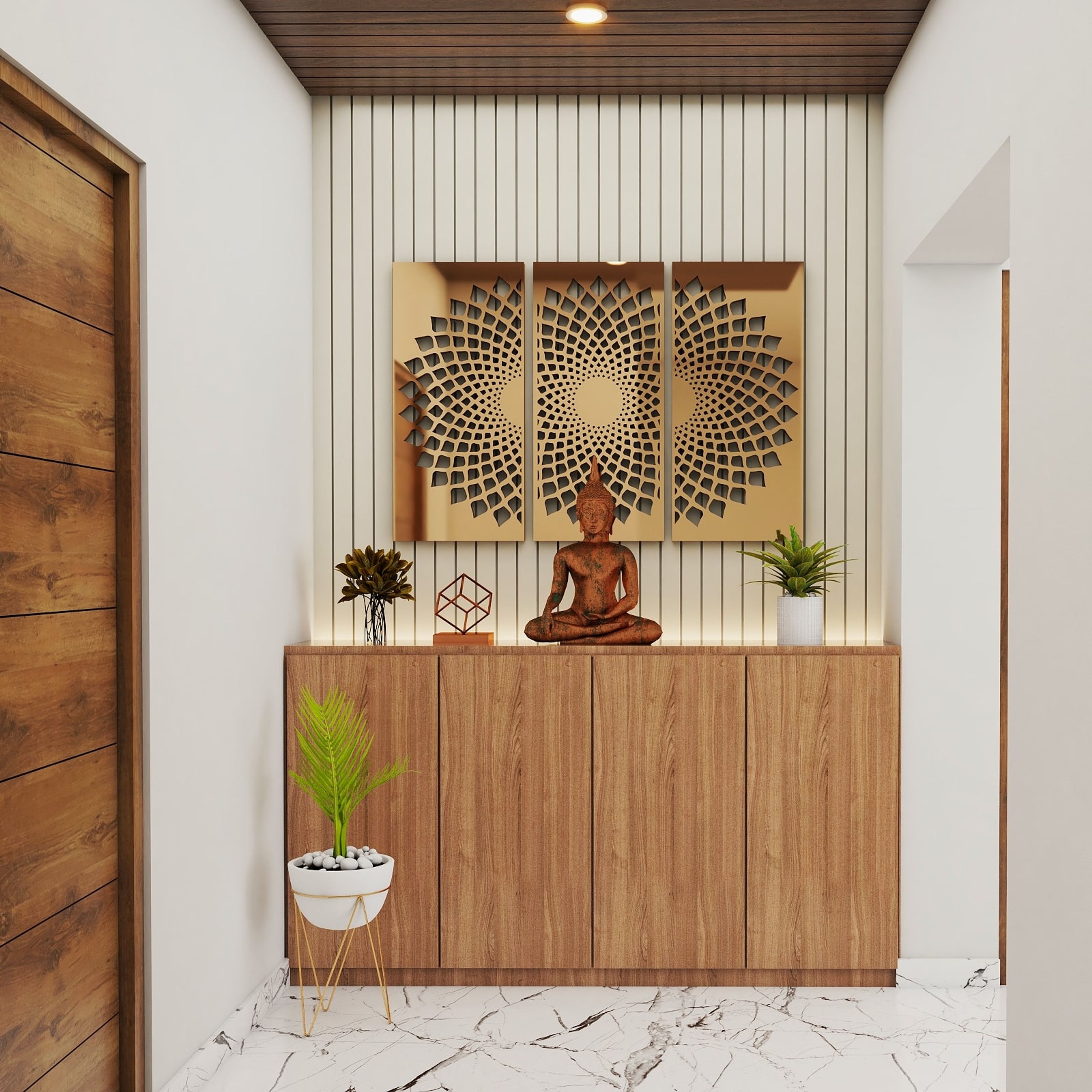 Compact Foyer Design With Wooden Storage And CNC Cut Panels