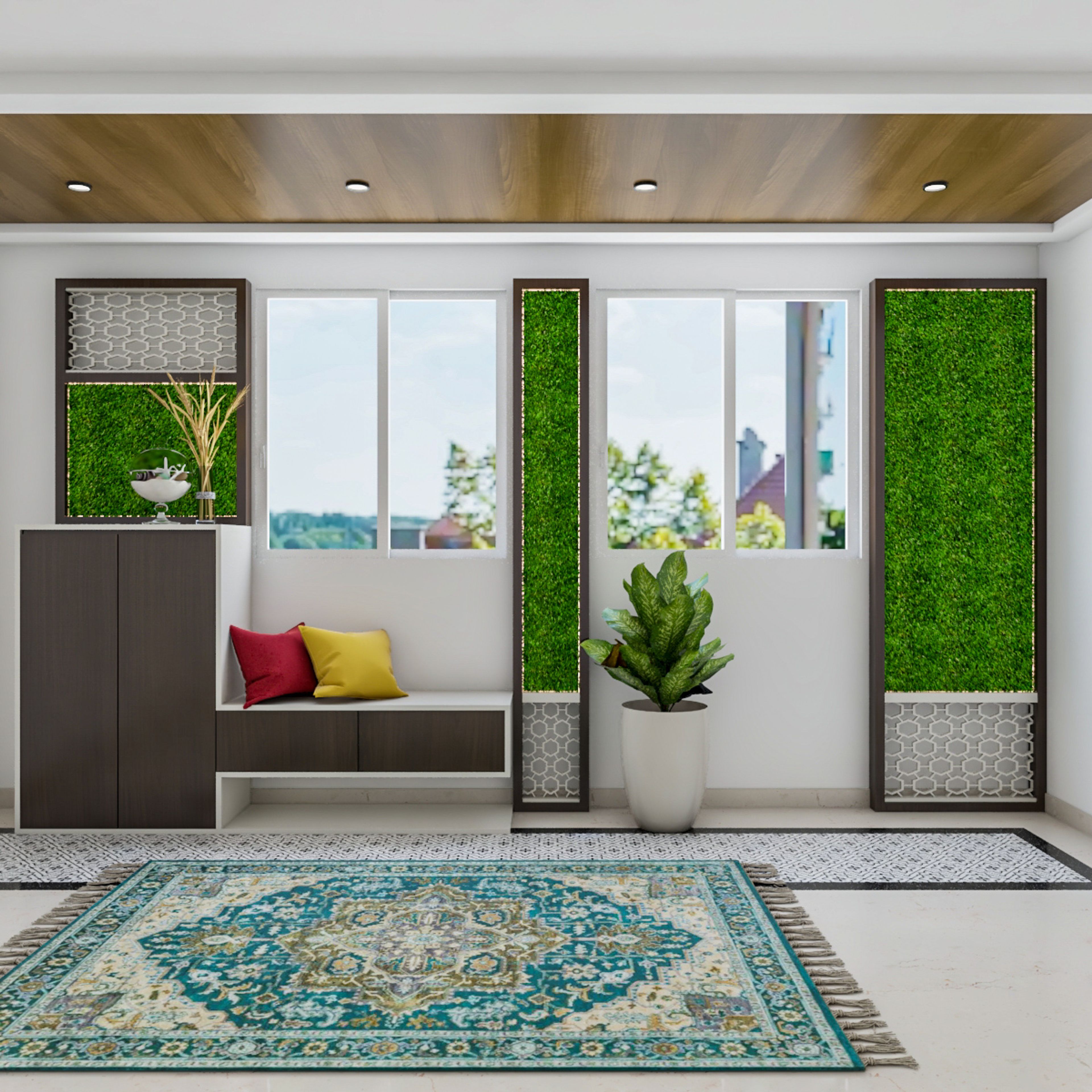 Contemporary Foyer Design With Wooden Ceiling