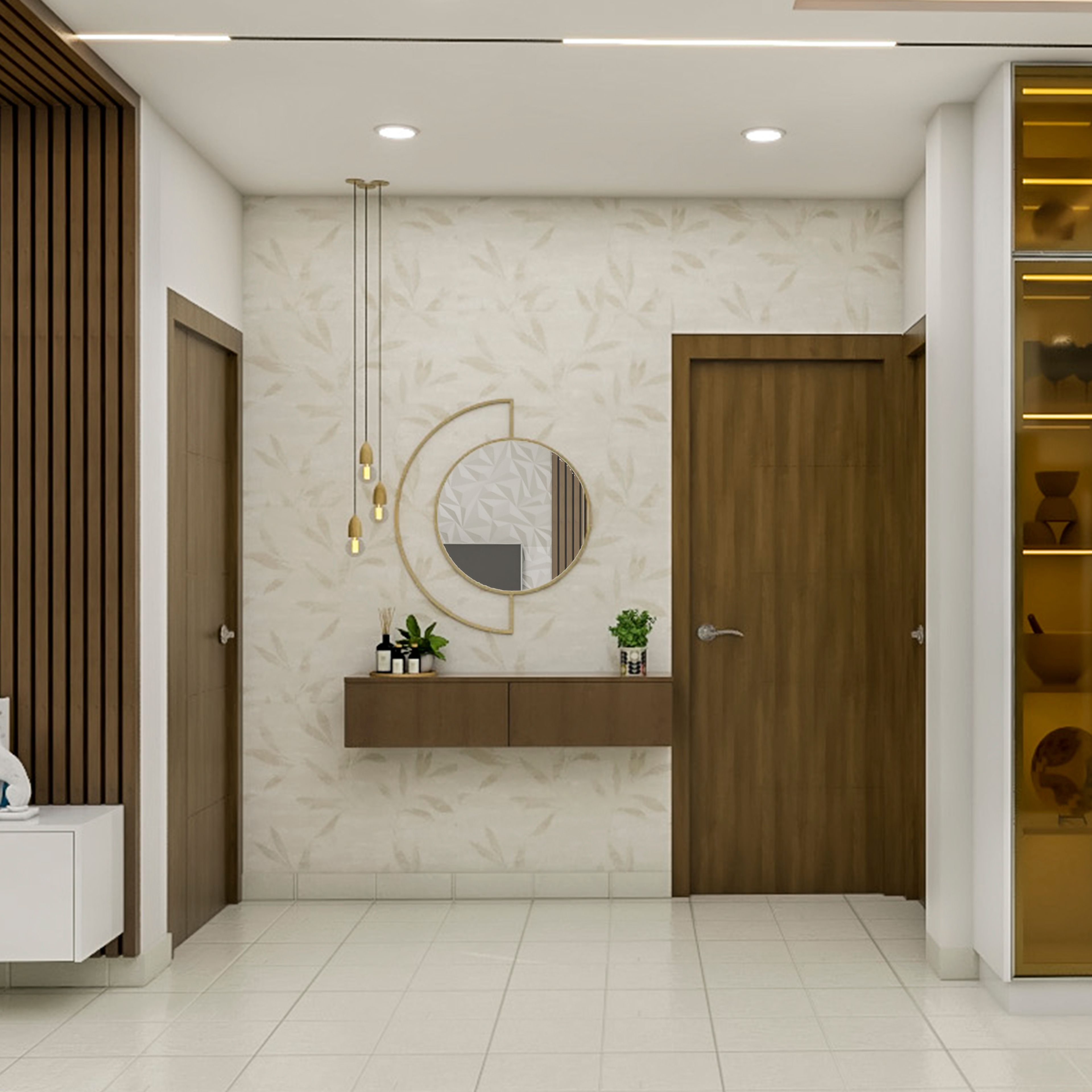 Modern Foyer Design With Floating Wooden Storage Unit