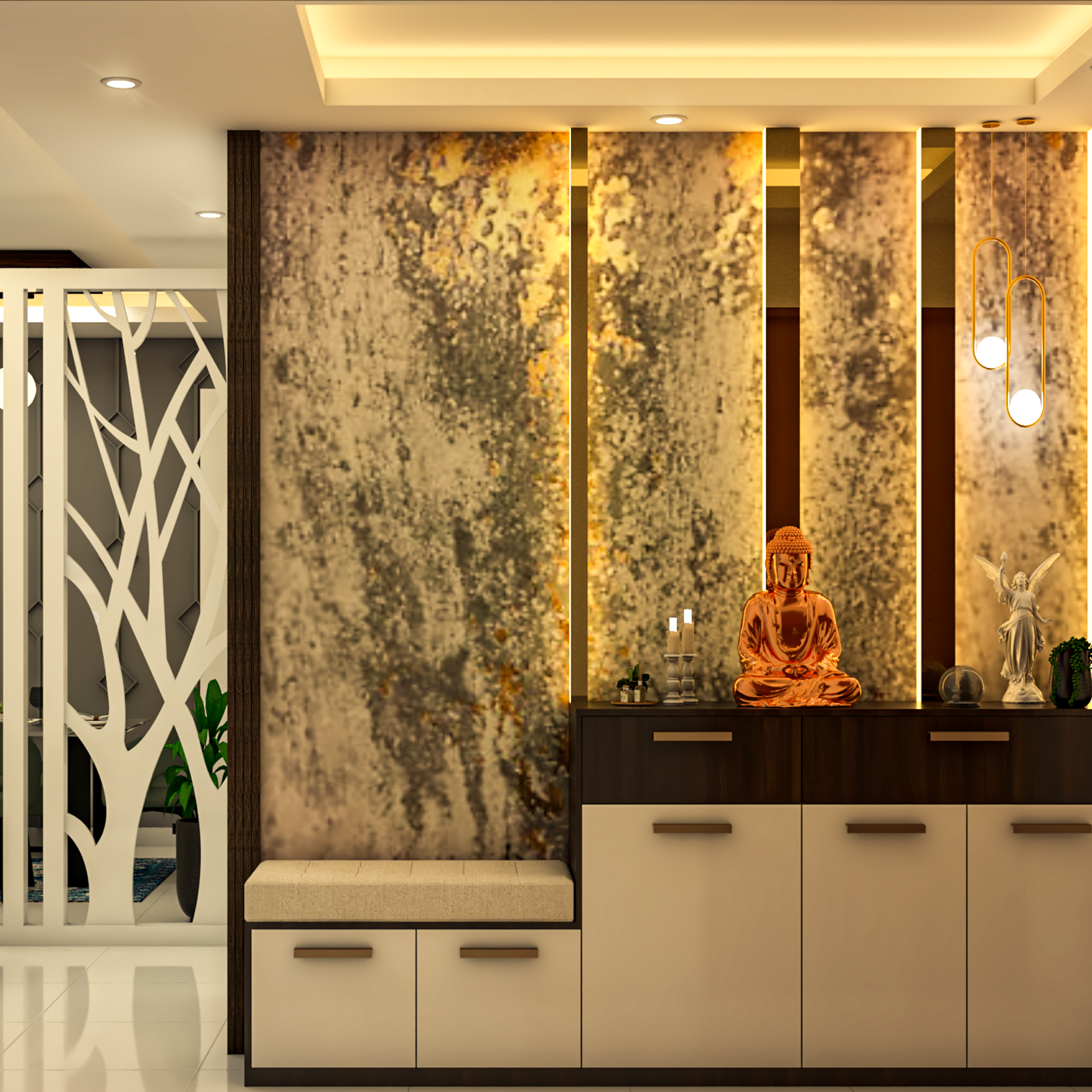 Modern Foyer Design With Beige 2-Seater Storage