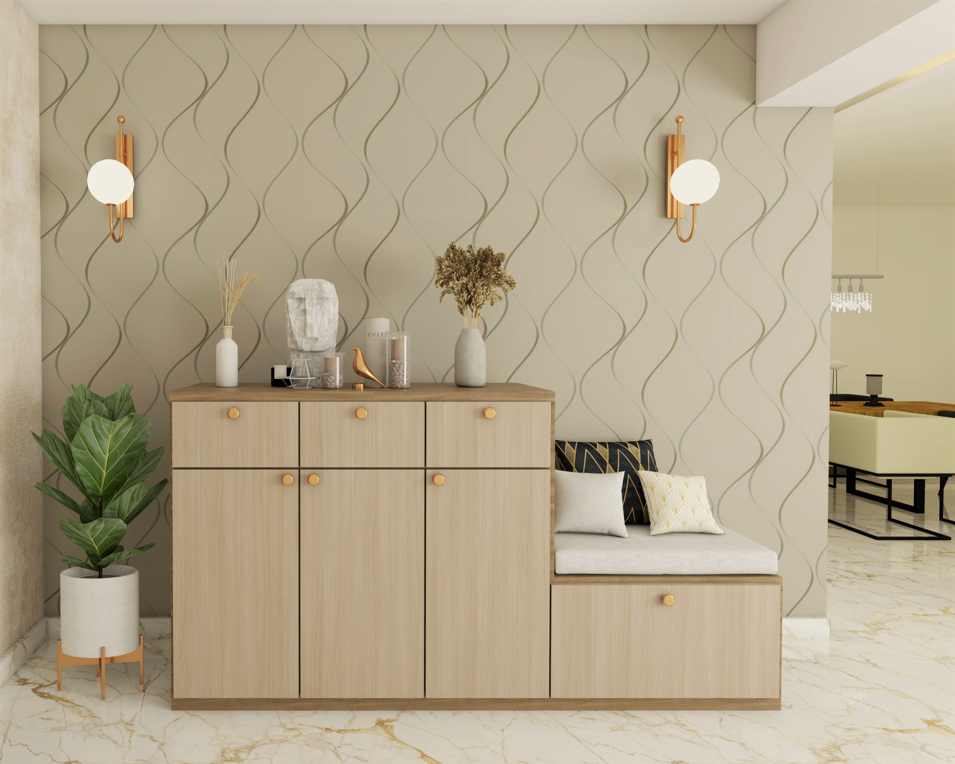 Spacious Beige Foyer Design With Storage Unit