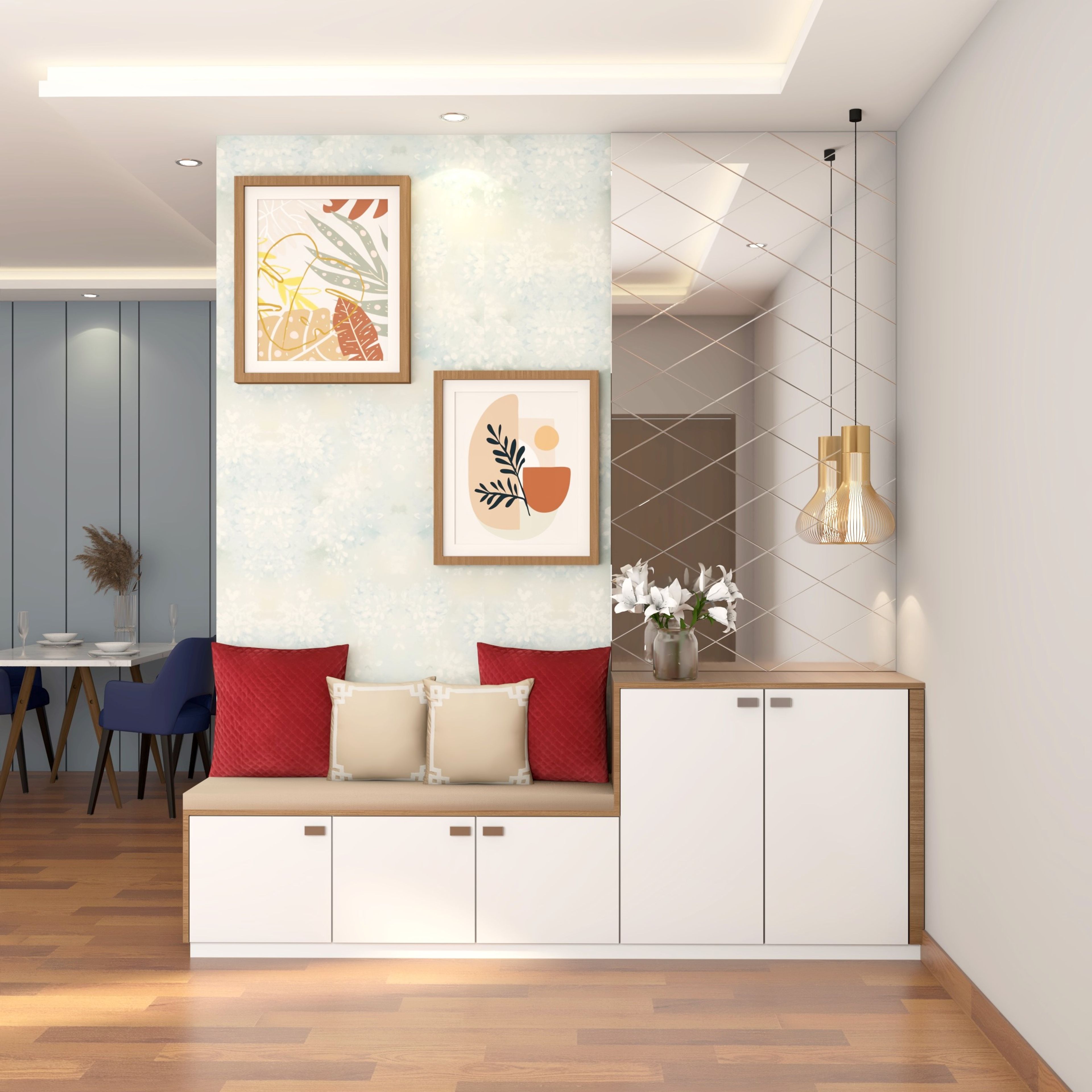 Foyer Design With Two-Stepped White Unit And Glass Panel - Livspace