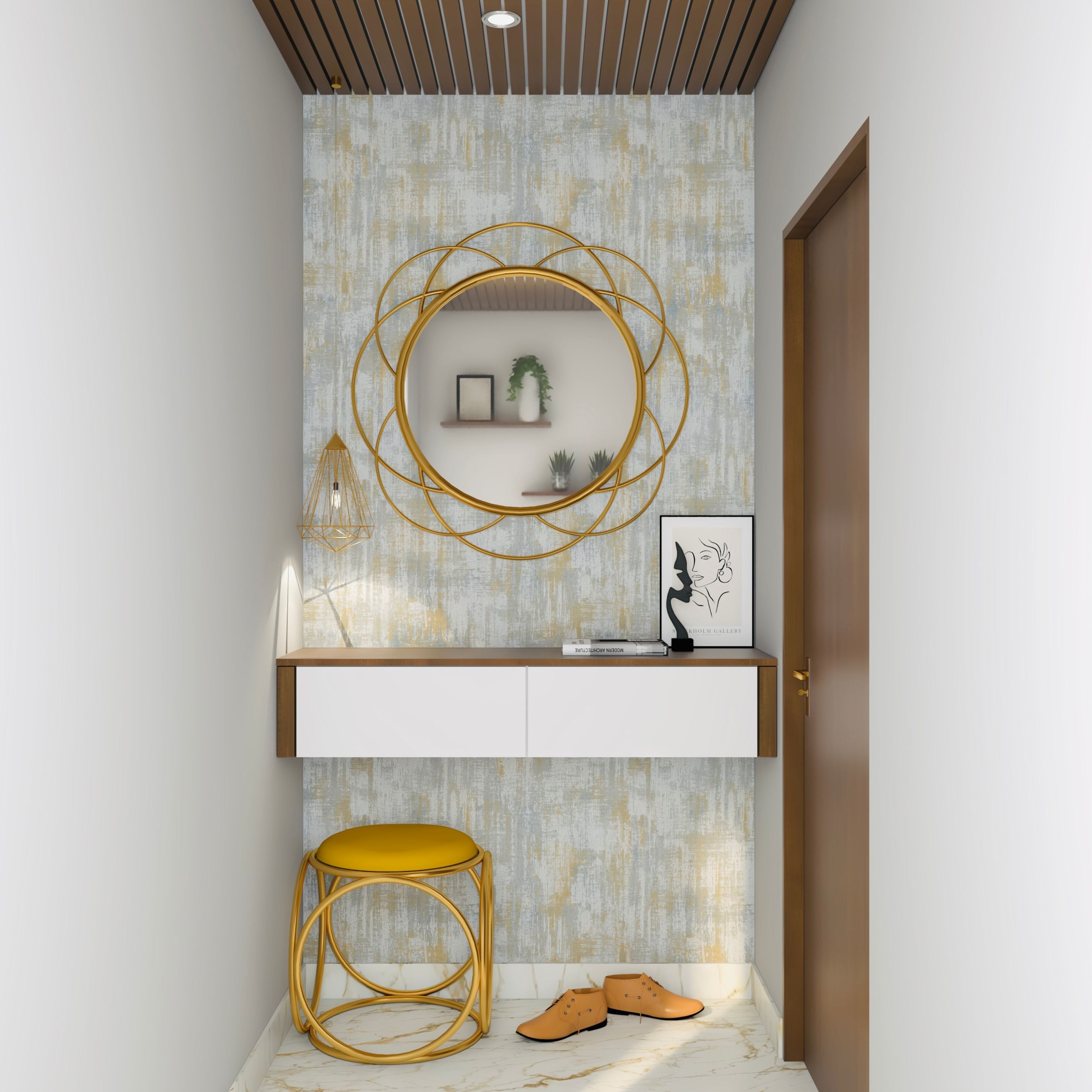 Compact Foyer Design With Brass Finished Mirror