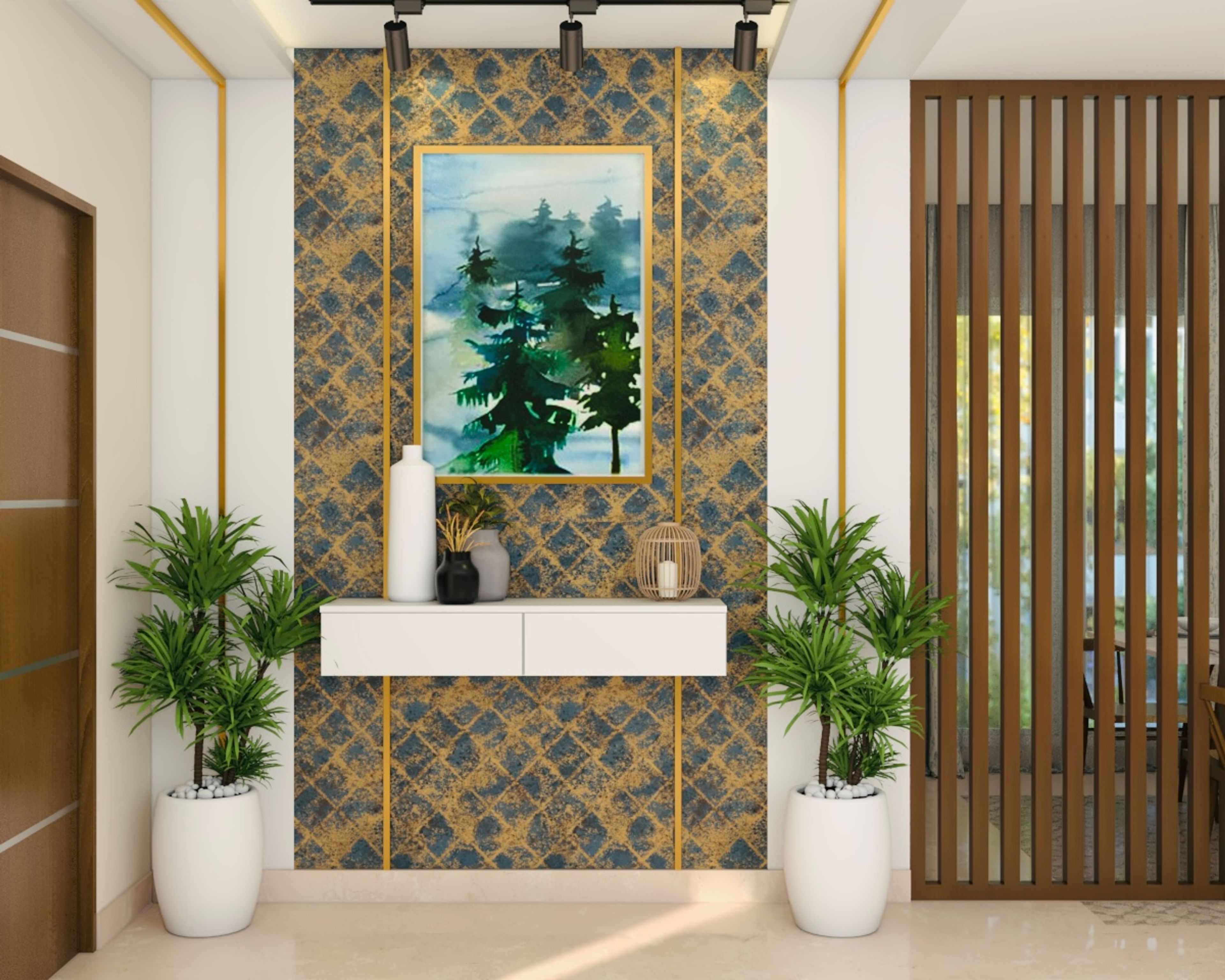 Contemporary Foyer Design With Gold And Blue Wallpaper