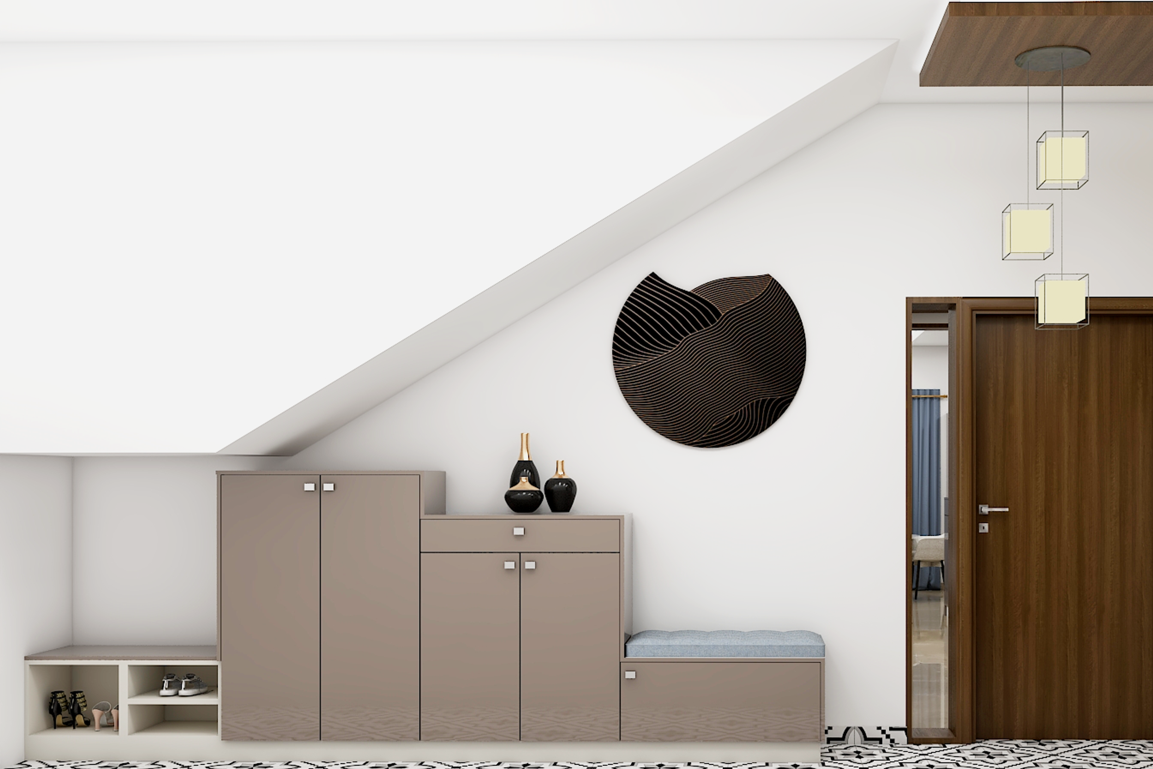 Spacious Modern Foyer Design With Storage Units