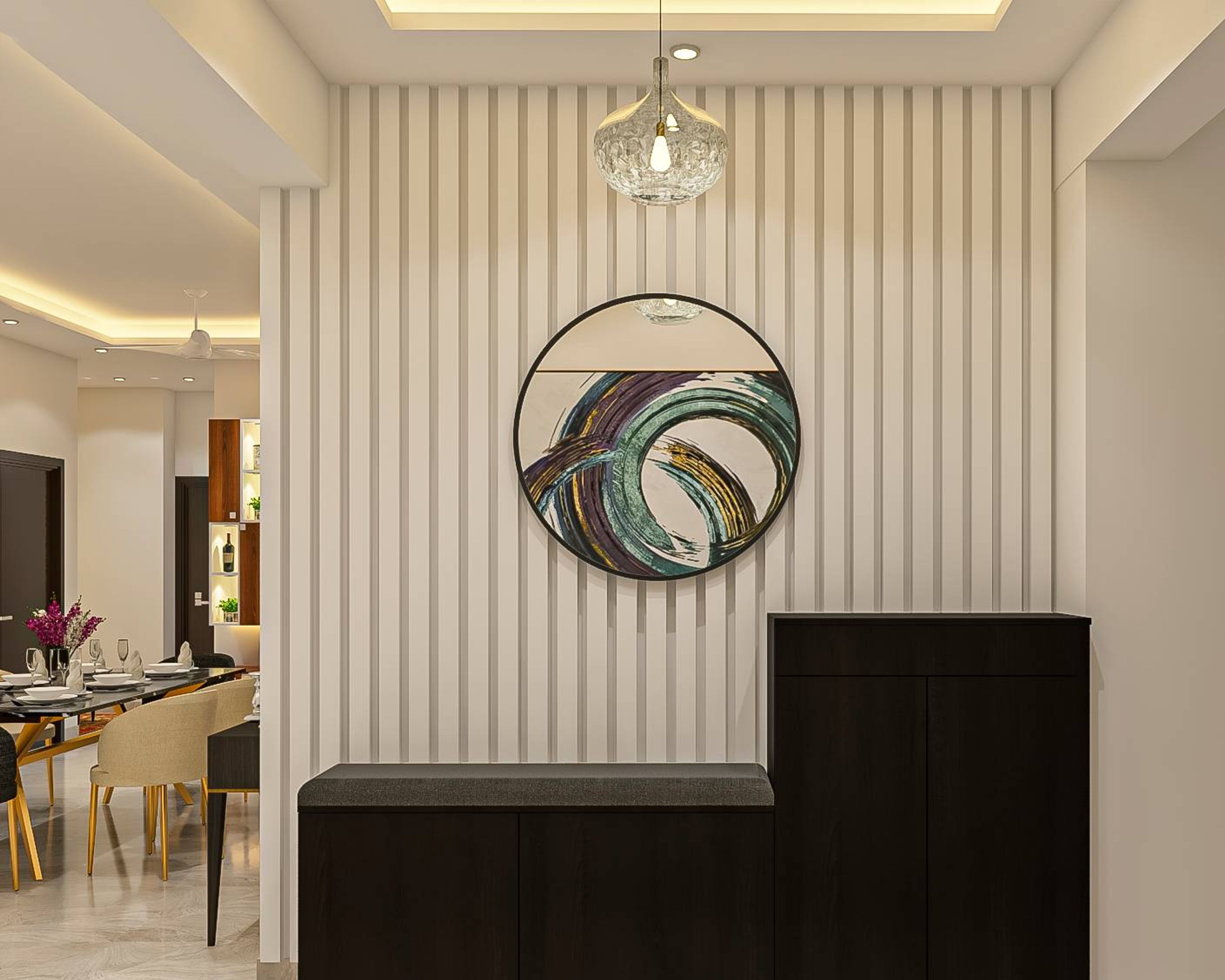 Modern Foyer Design With White Fluted Panels