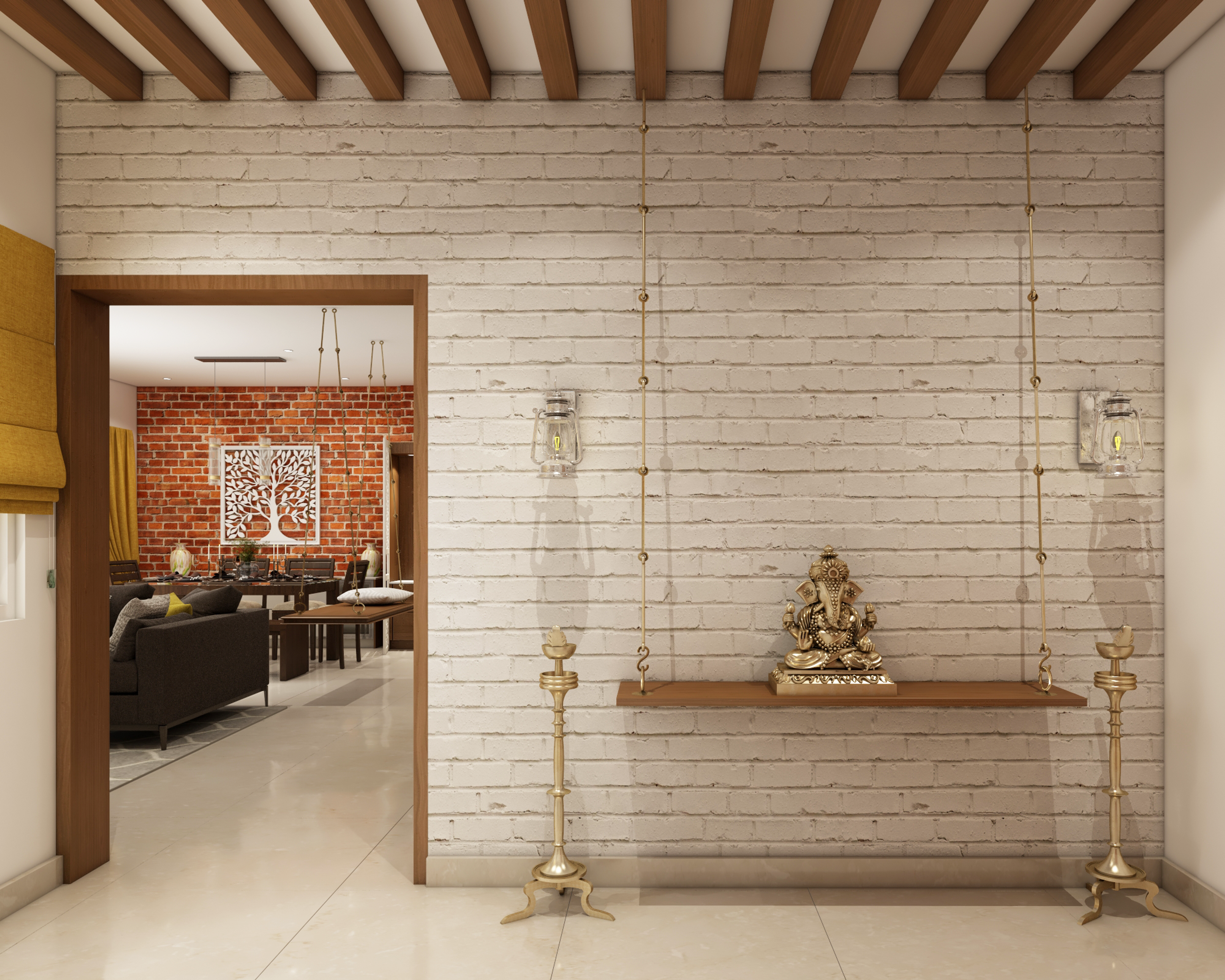Contemporary Open Pooja Room Design Against White Bricked Wall