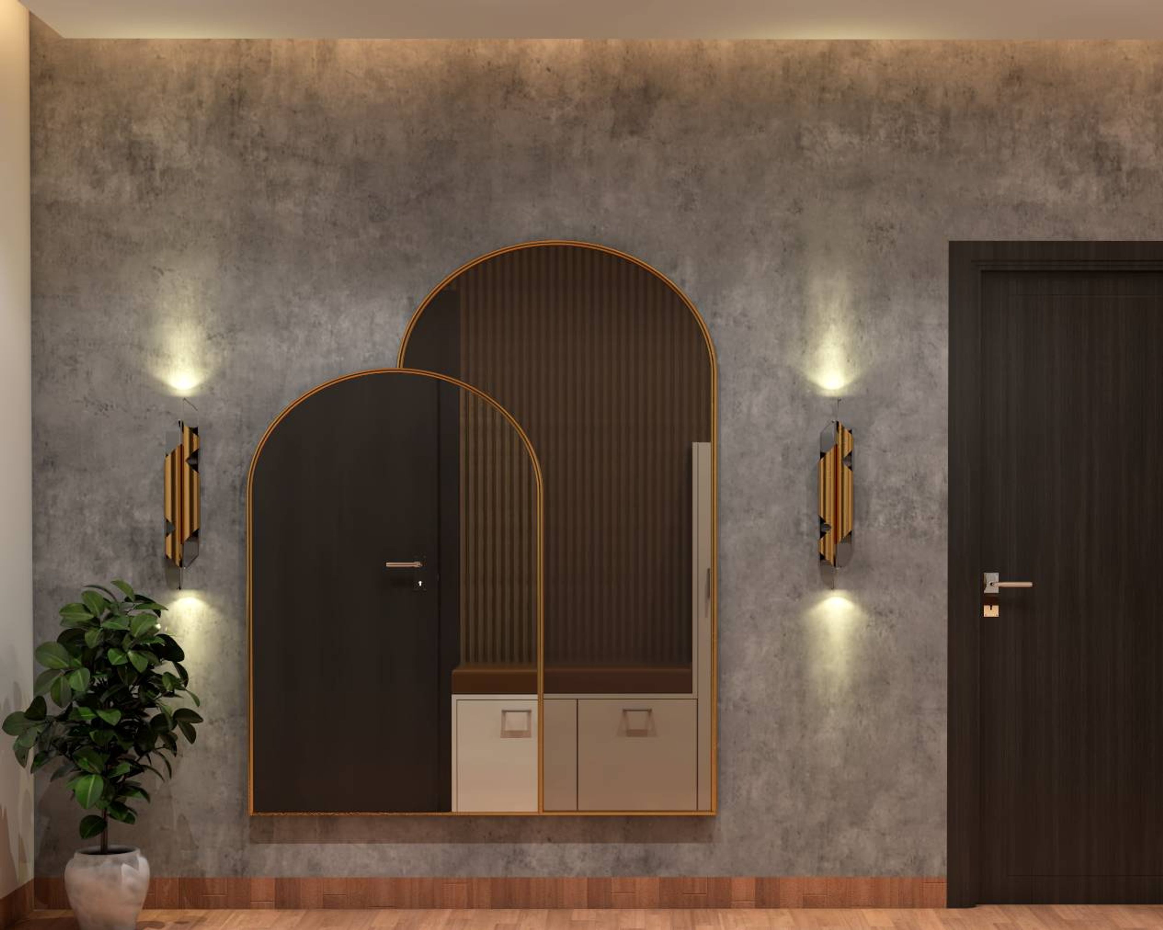 Classic Spacious Foyer Design With Grey Texture And Mirror