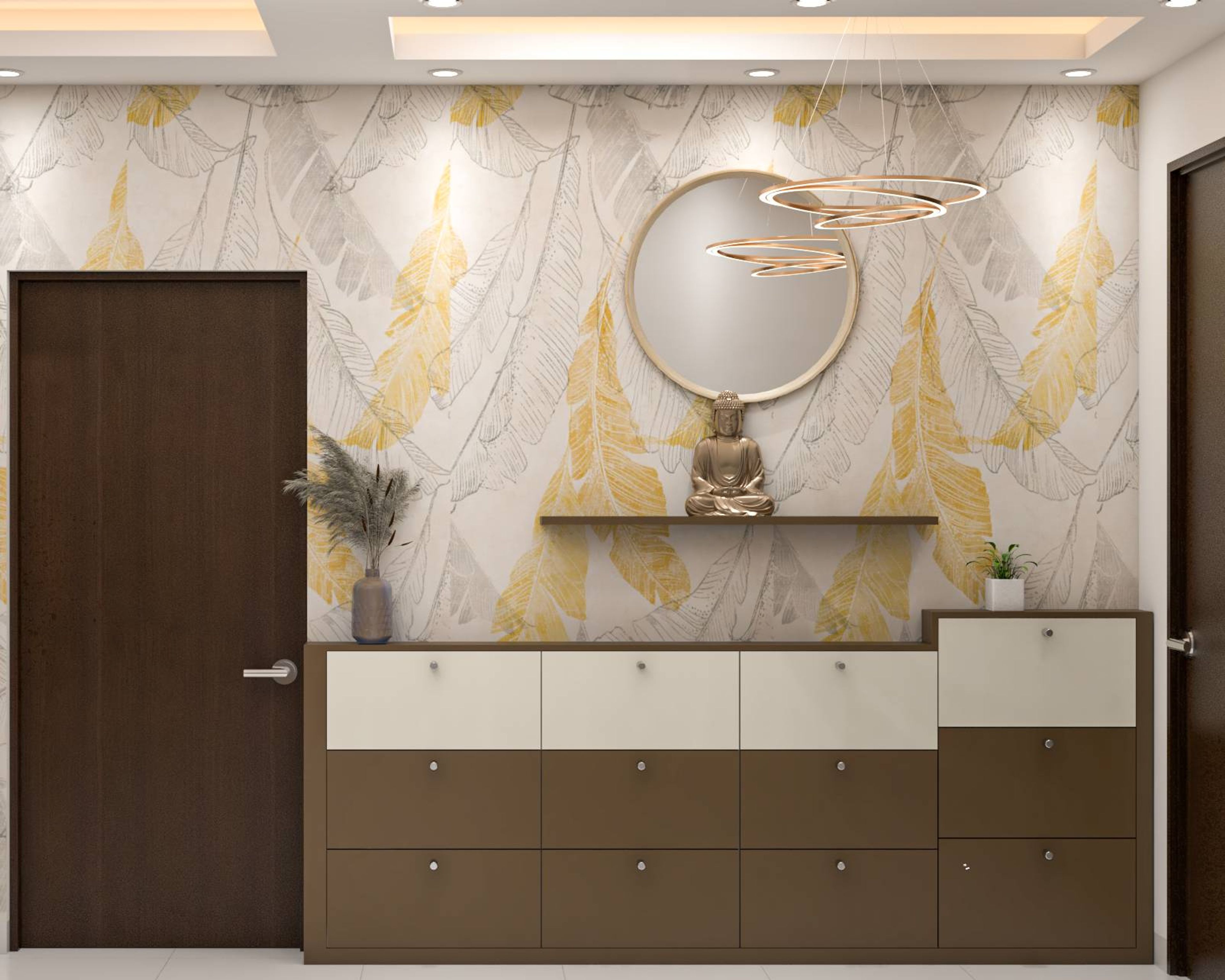 Modern Spacious Foyer Design With A Buddha