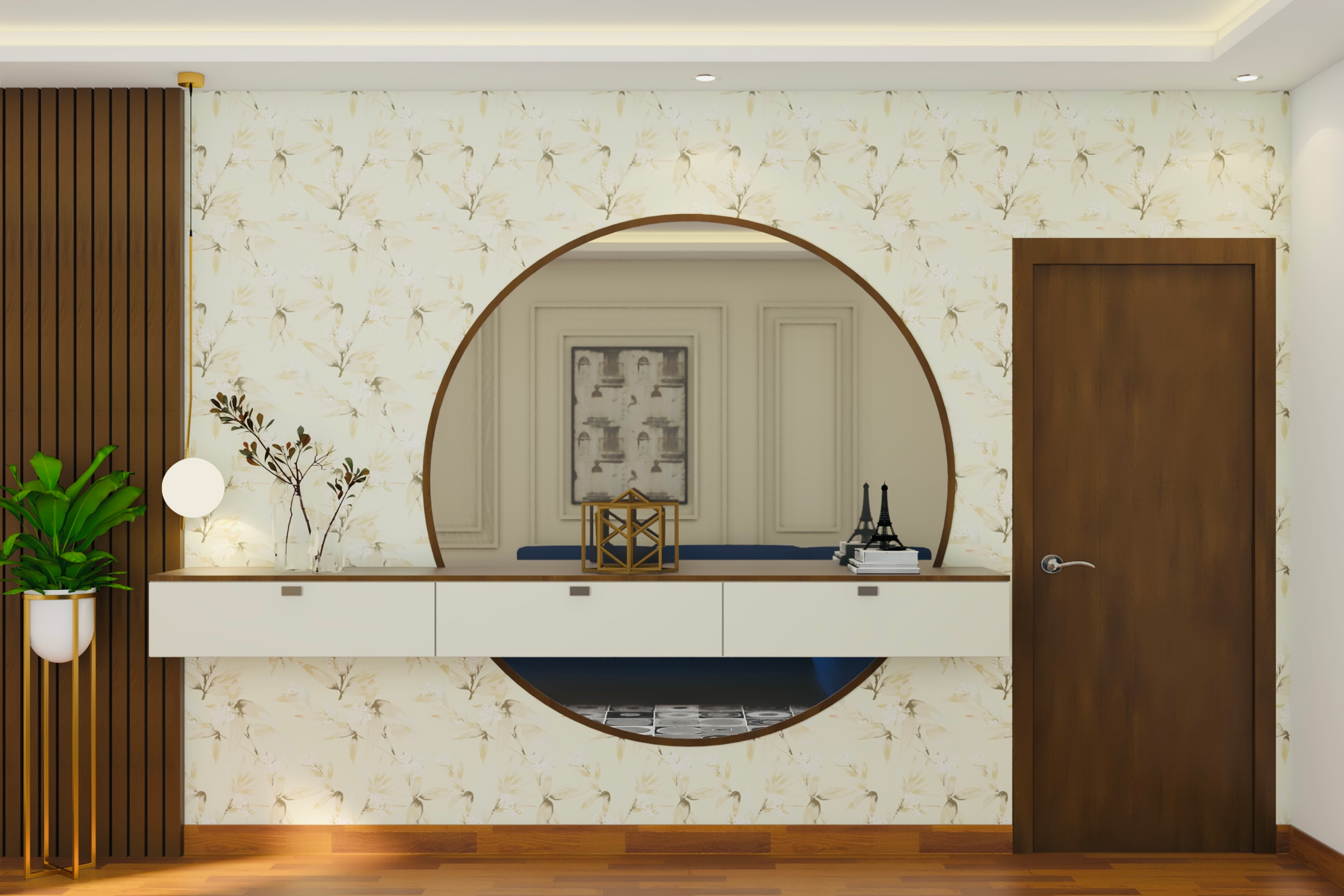 Neutral Contemporary Foyer Design With Storage Table