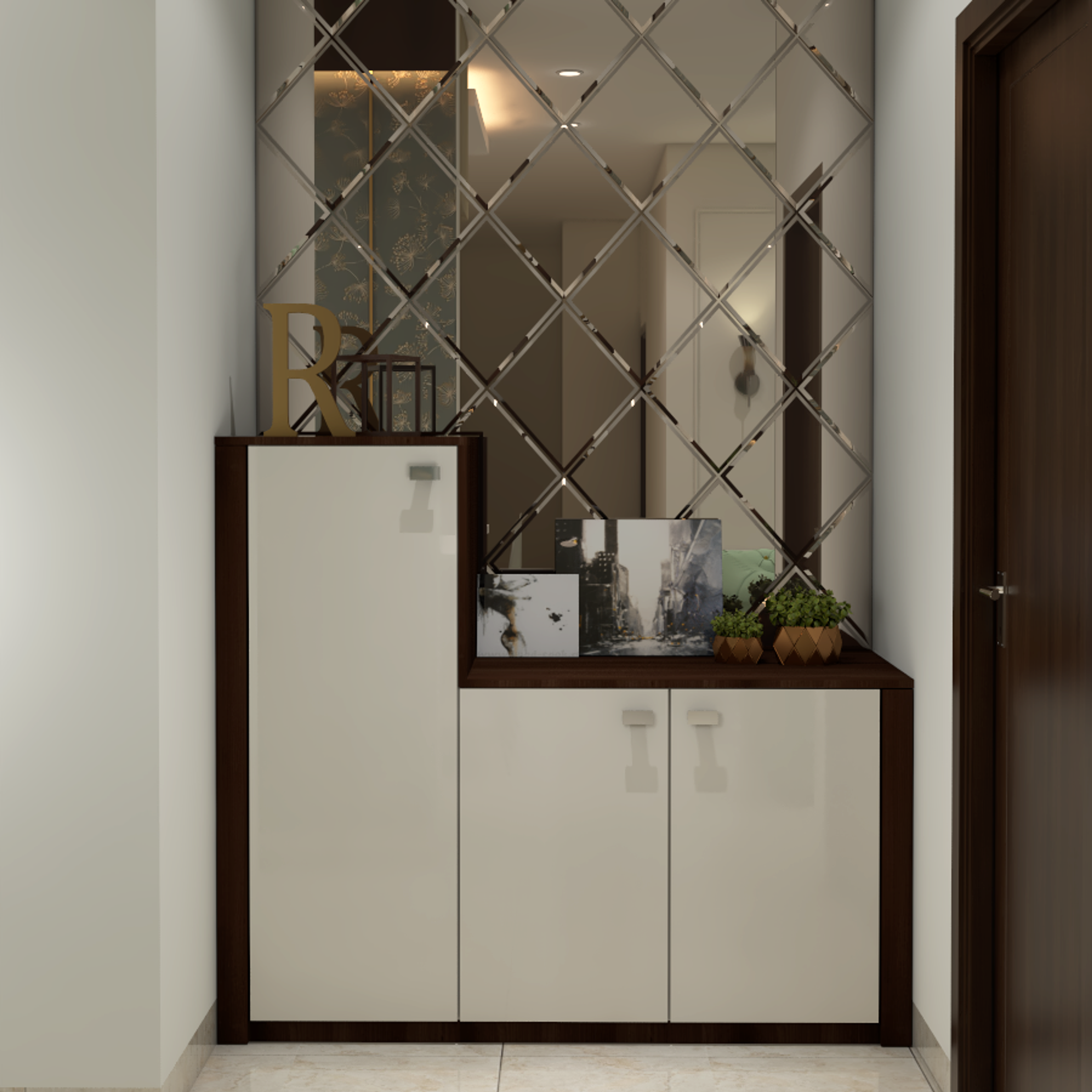 Modern Foyer Design With Mirrored Backdrop