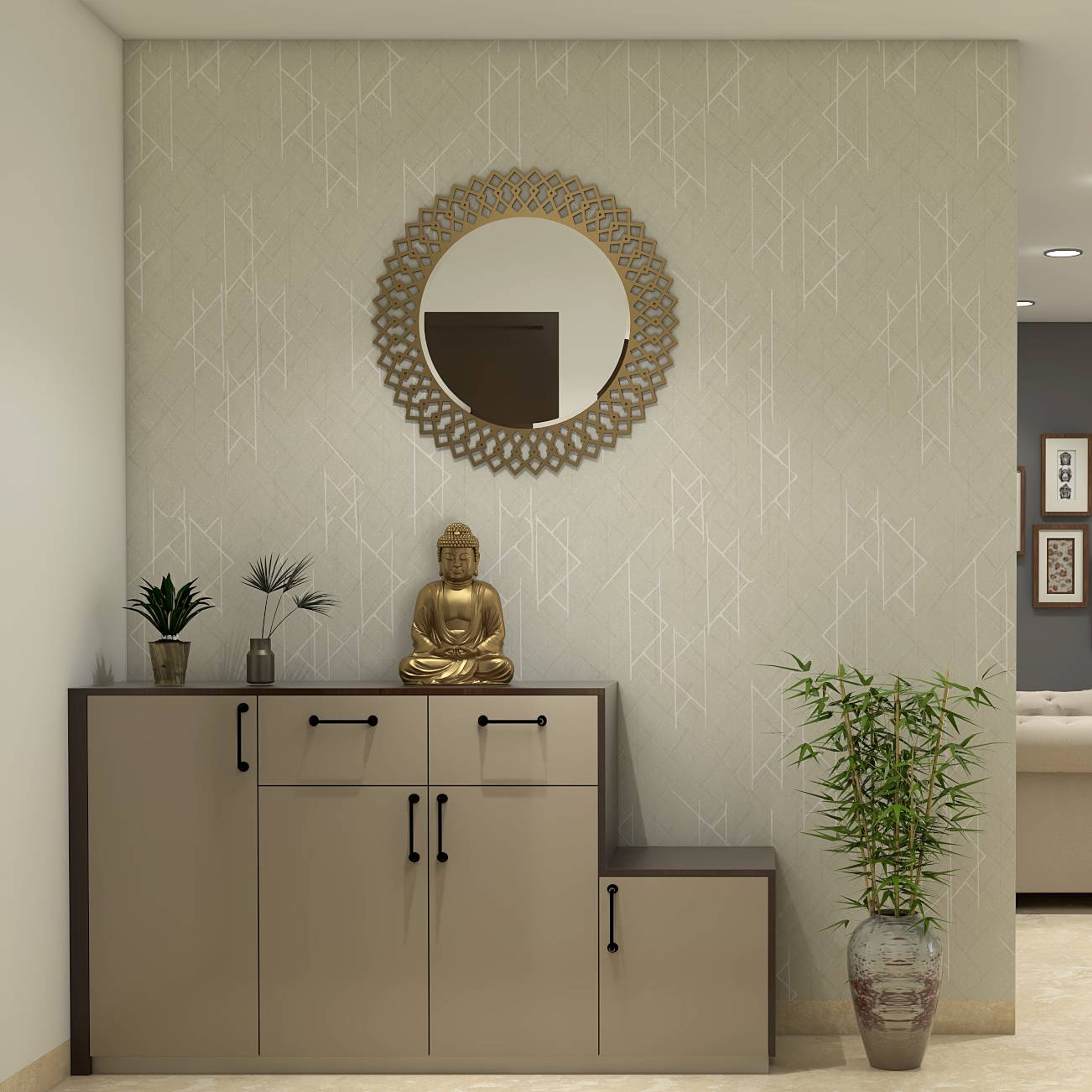 Modern Foyer Design With Grey Textured Wallpaper
