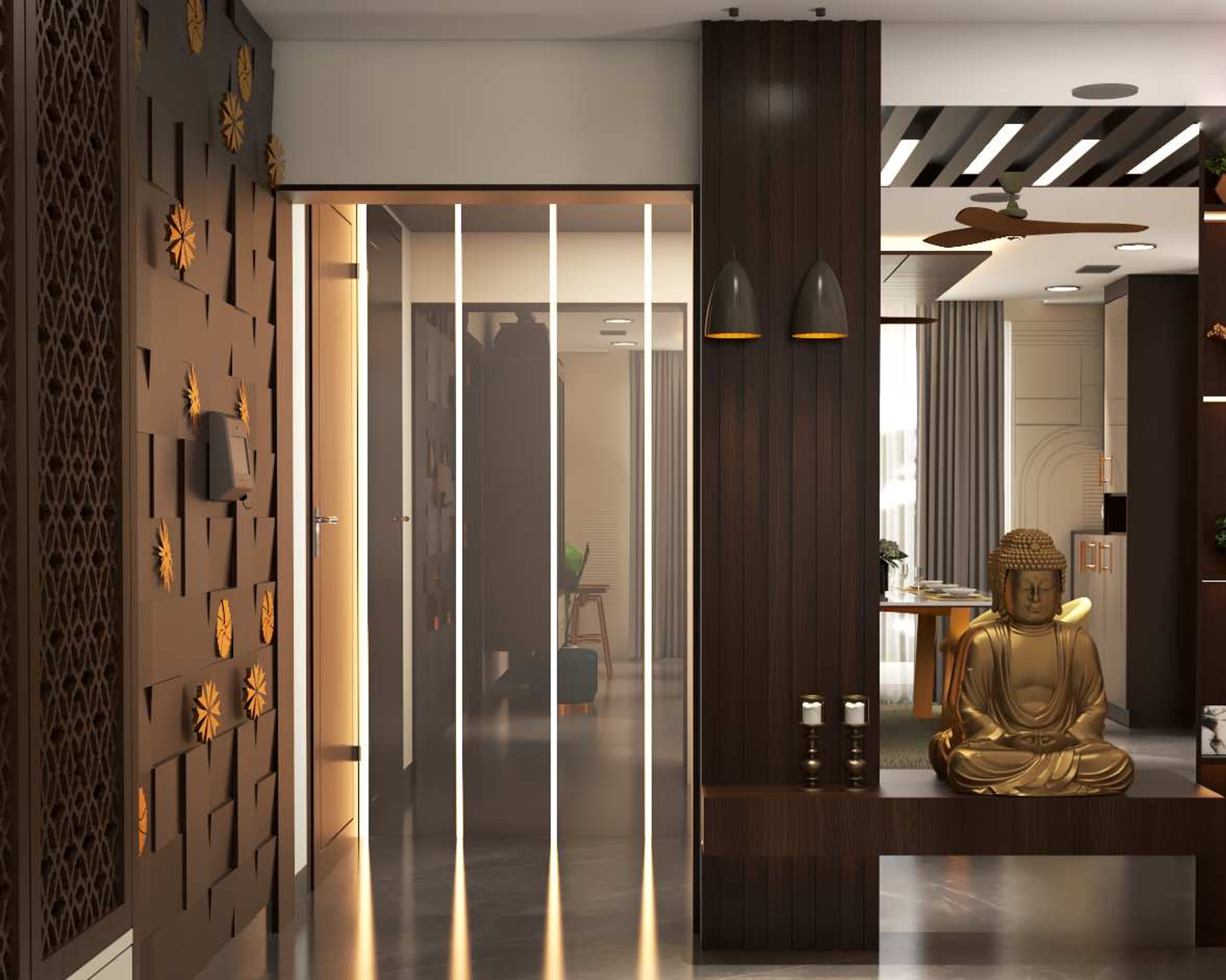 Modern Wooden Foyer Design With Large Mirror And LED Lights
