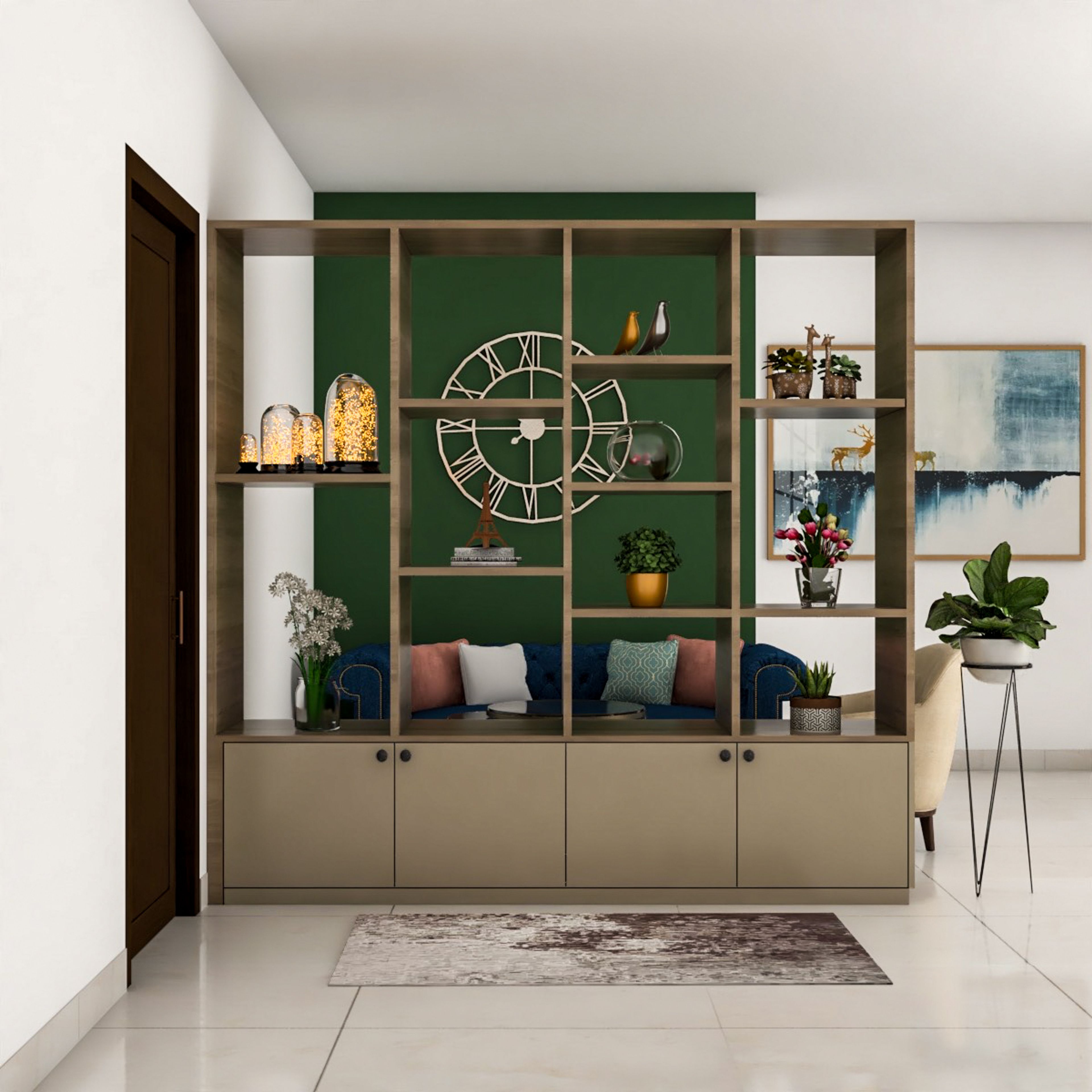 Modern Green And Beige Foyer Design With Open Shelved Unit