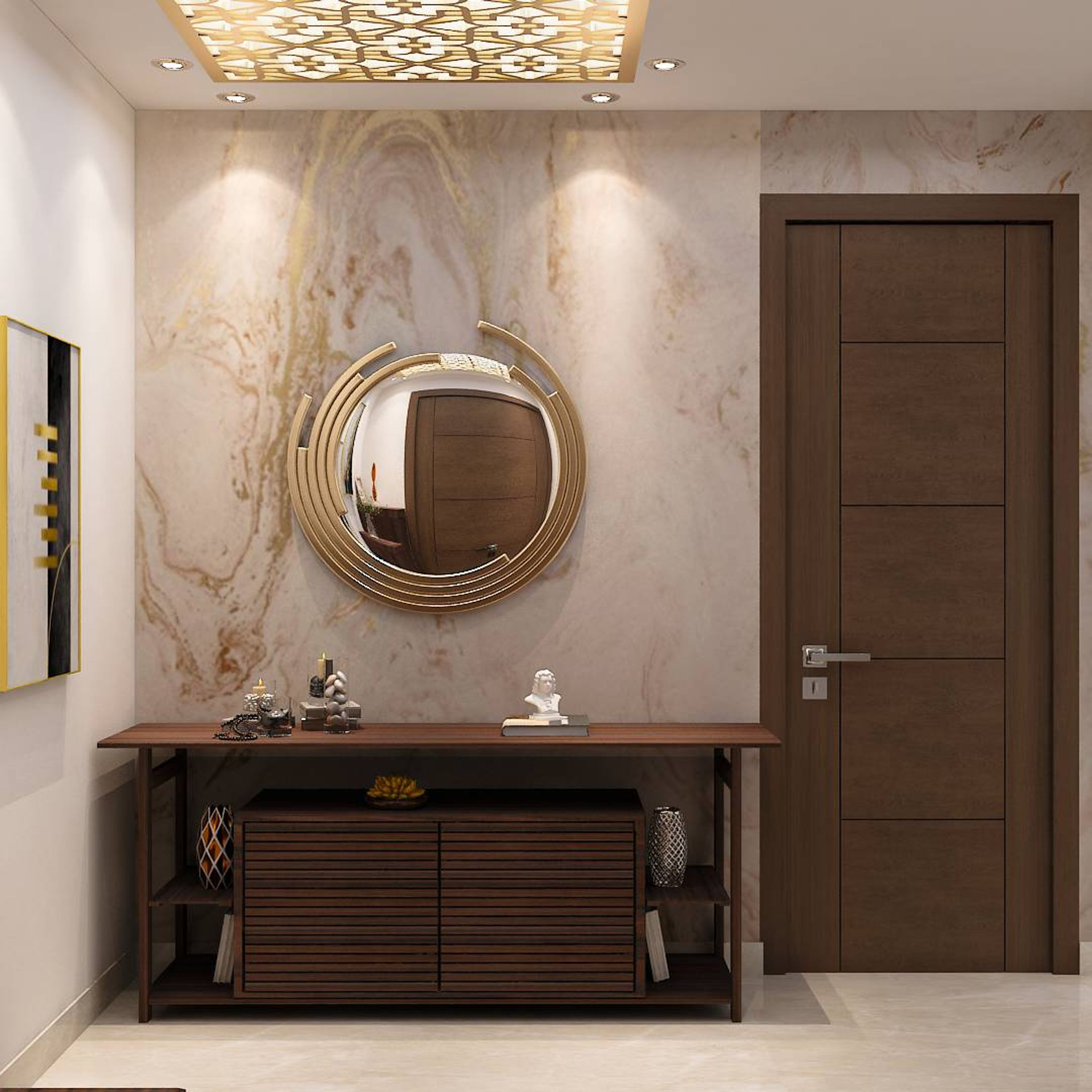 Classic Spacious Foyer Design With Round Mirror