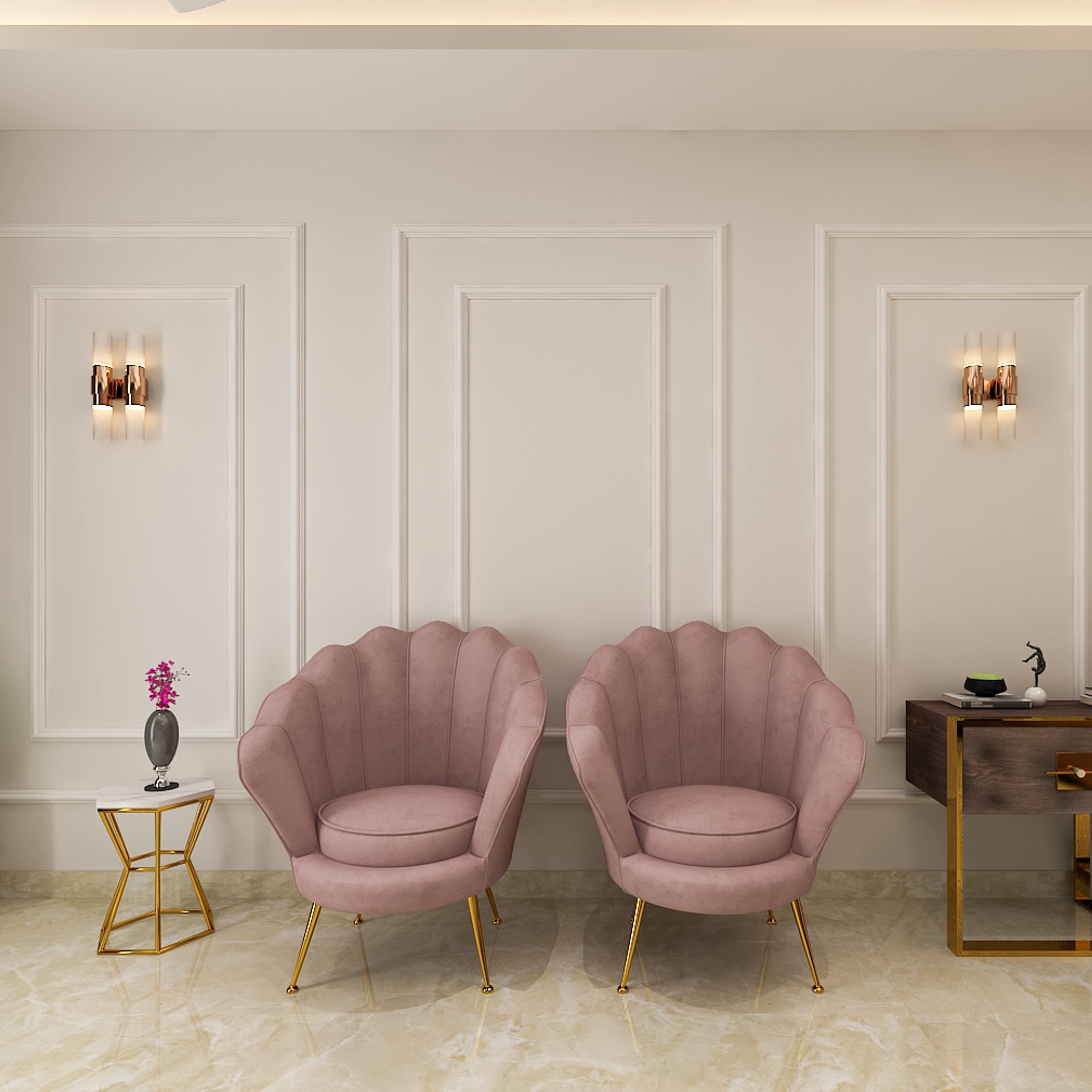 Modern Foyer Design With Flower-Patterned Pink Accent Chairs