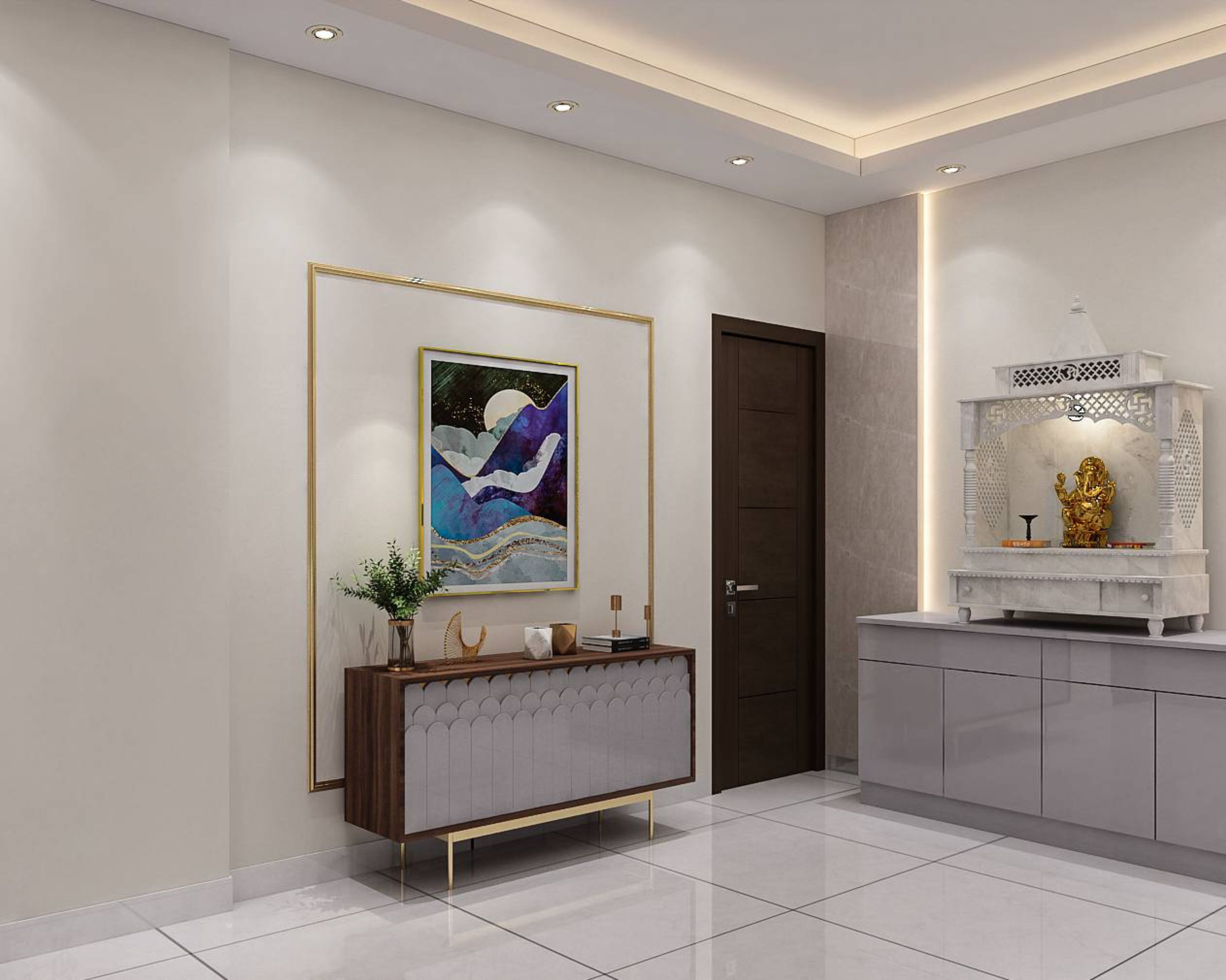 Contemporary Foyer Design With A Wooden Console