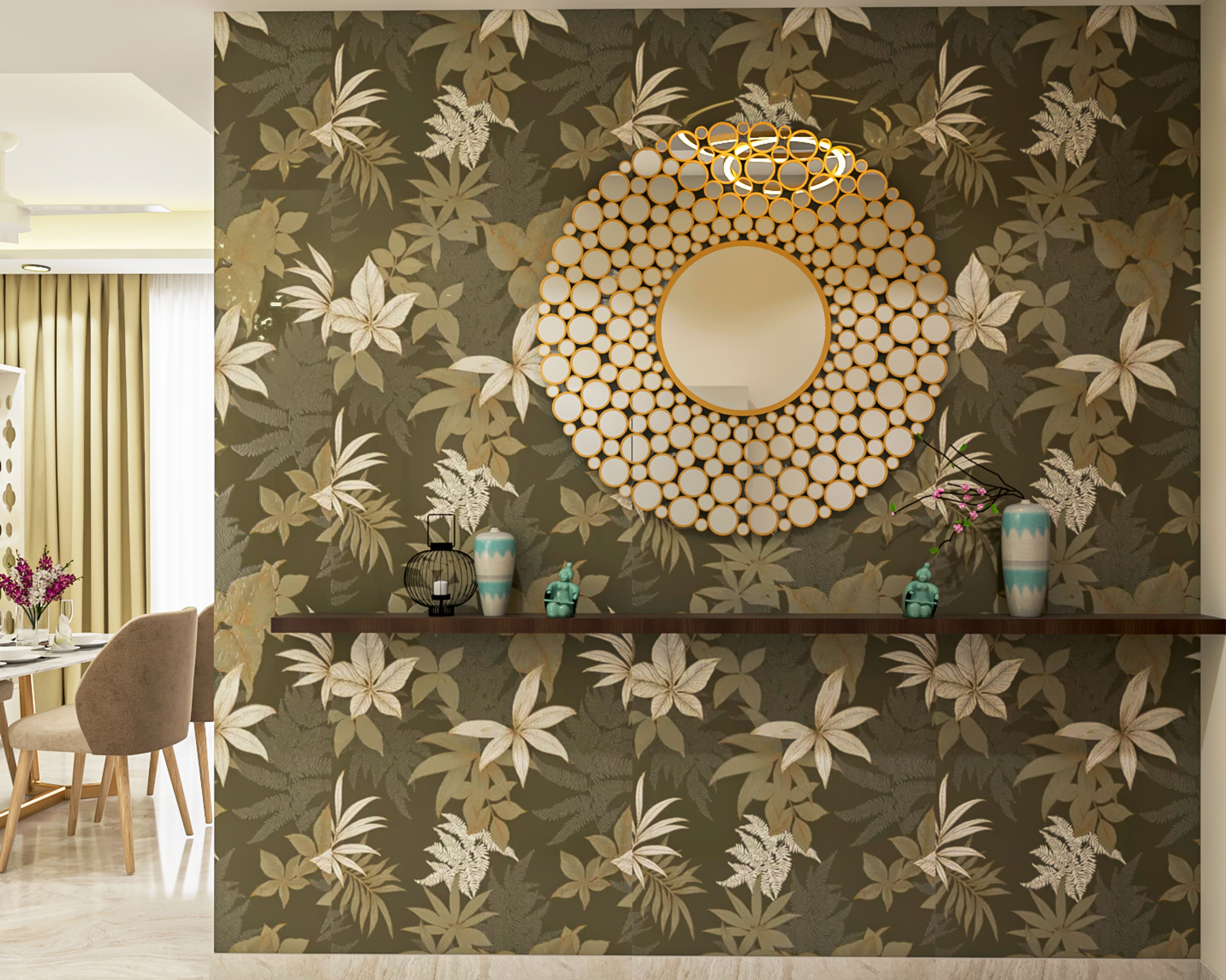 Vintage Foyer Design With Green Botanical Wallpaper