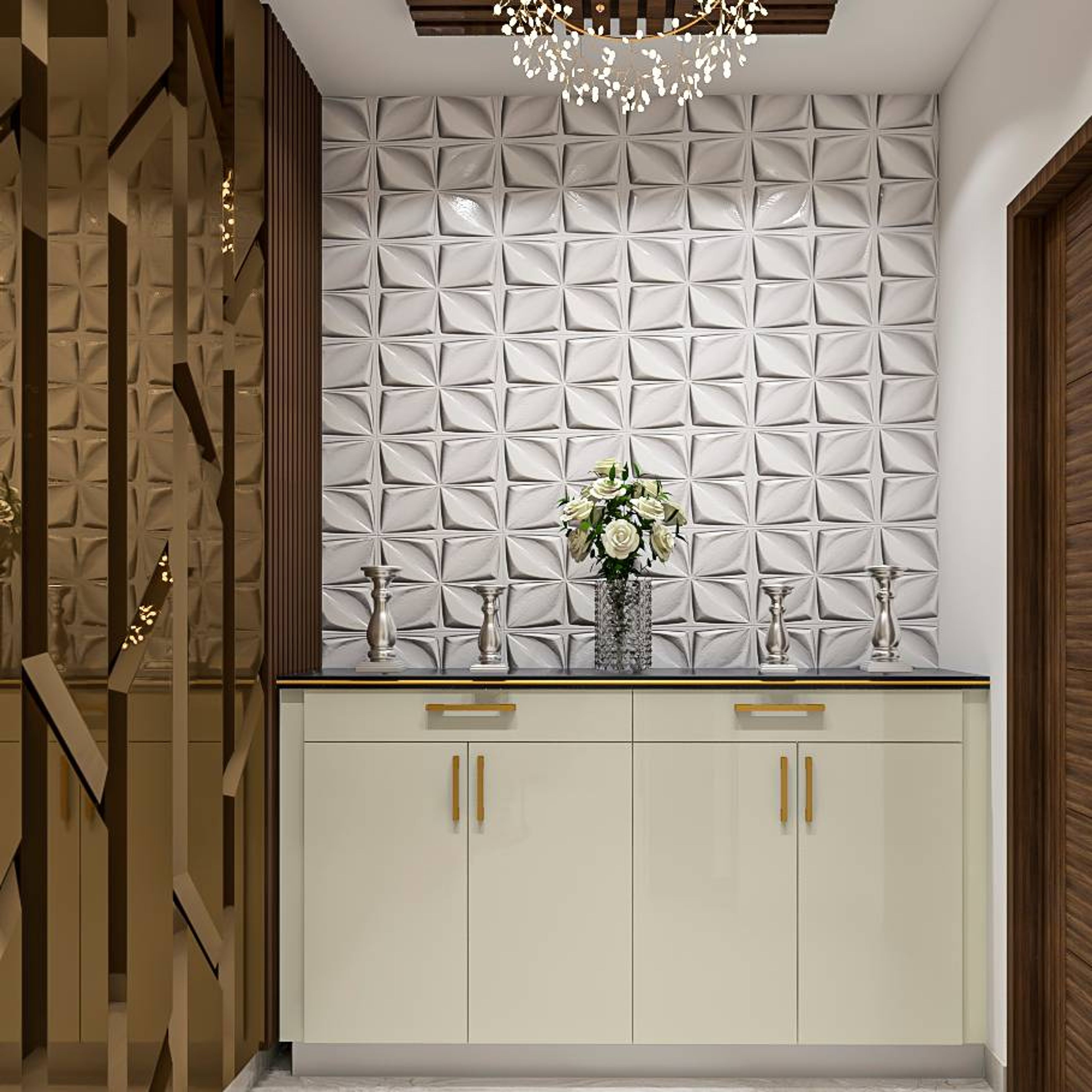 Classy Spacious Foyer Design With Elegant Accent Wall