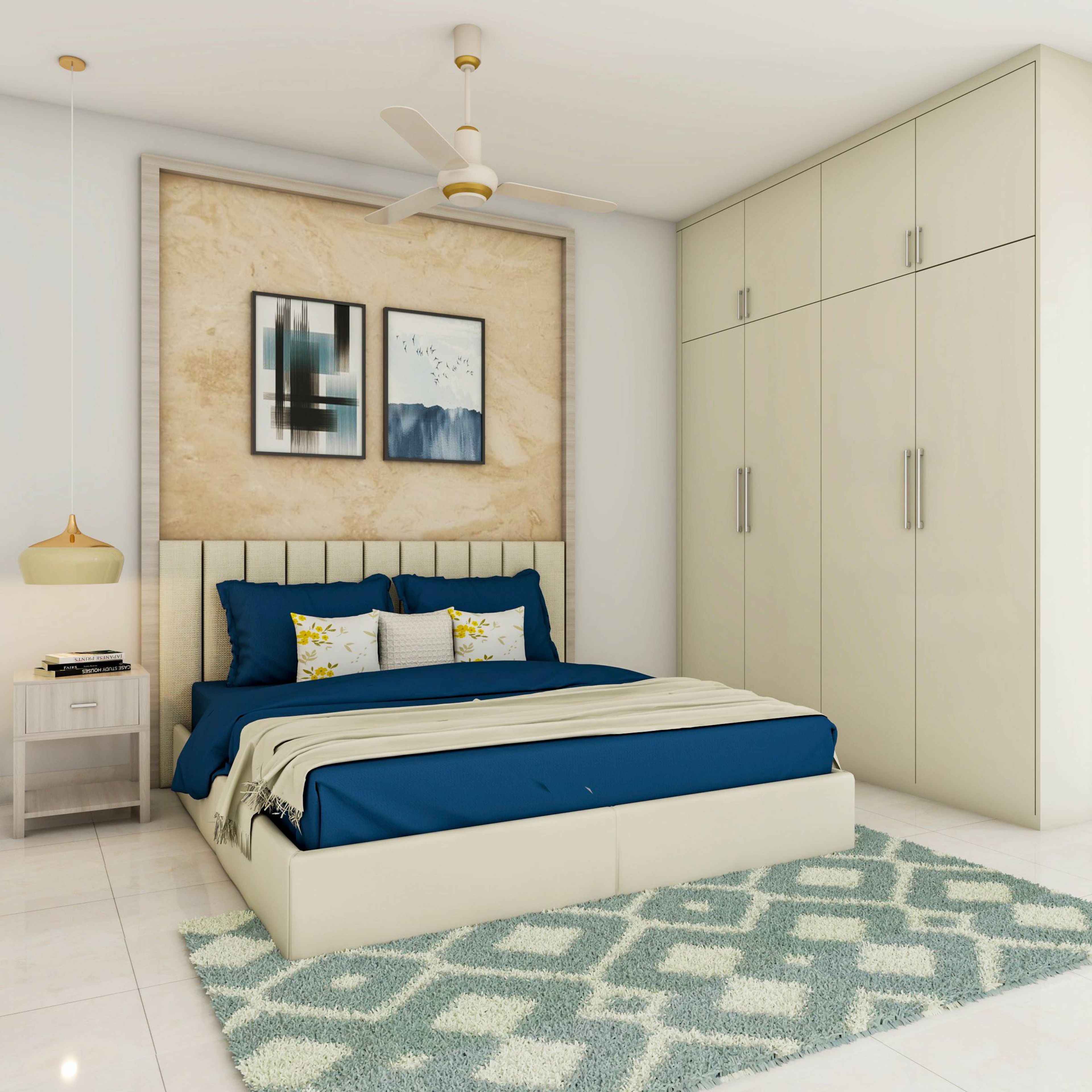 Contemporary Guest Bedroom Design With Dark Blue Bedding