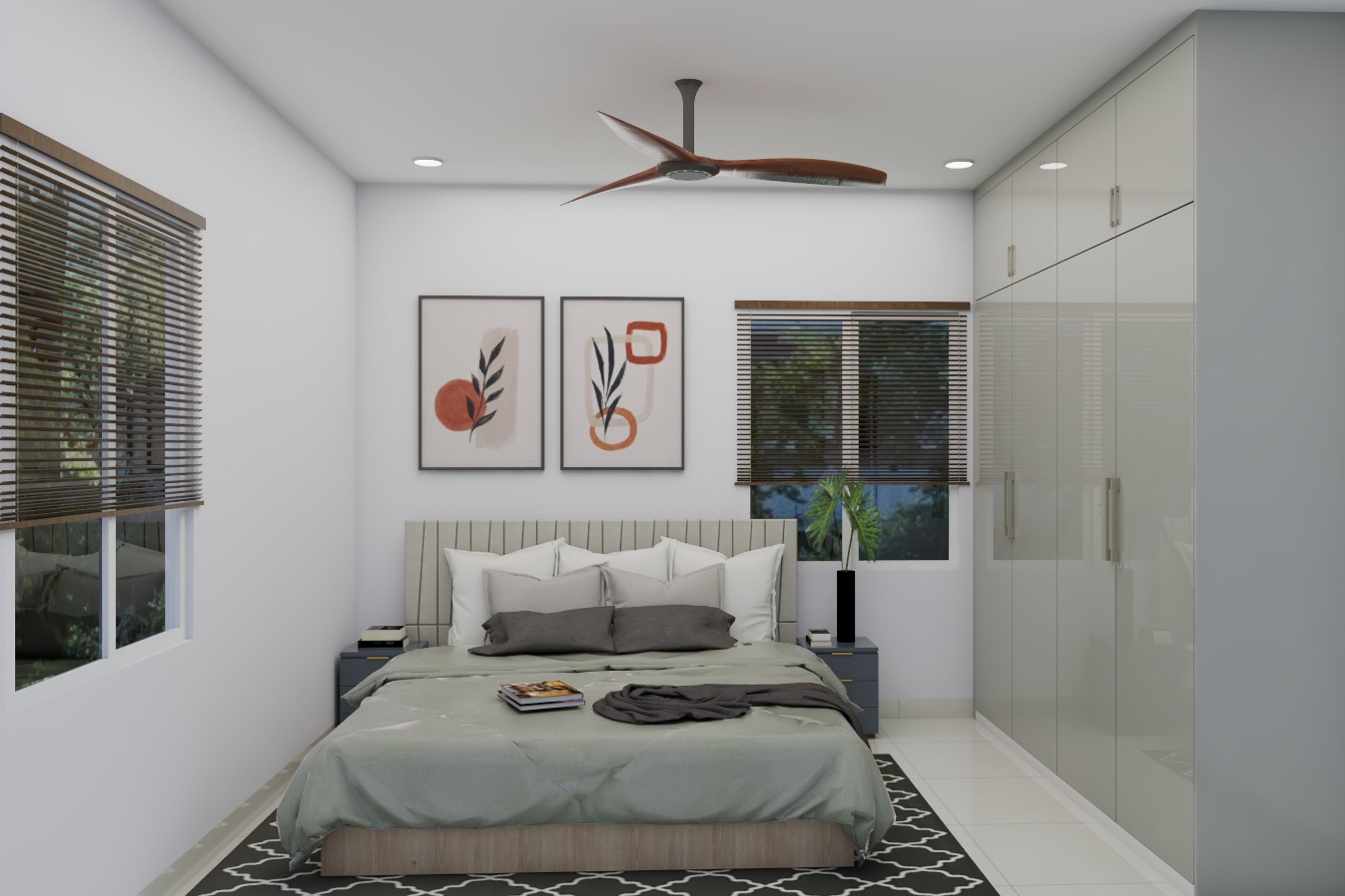 Modern White Guest Bedroom Design With Mild Green Accent Chair