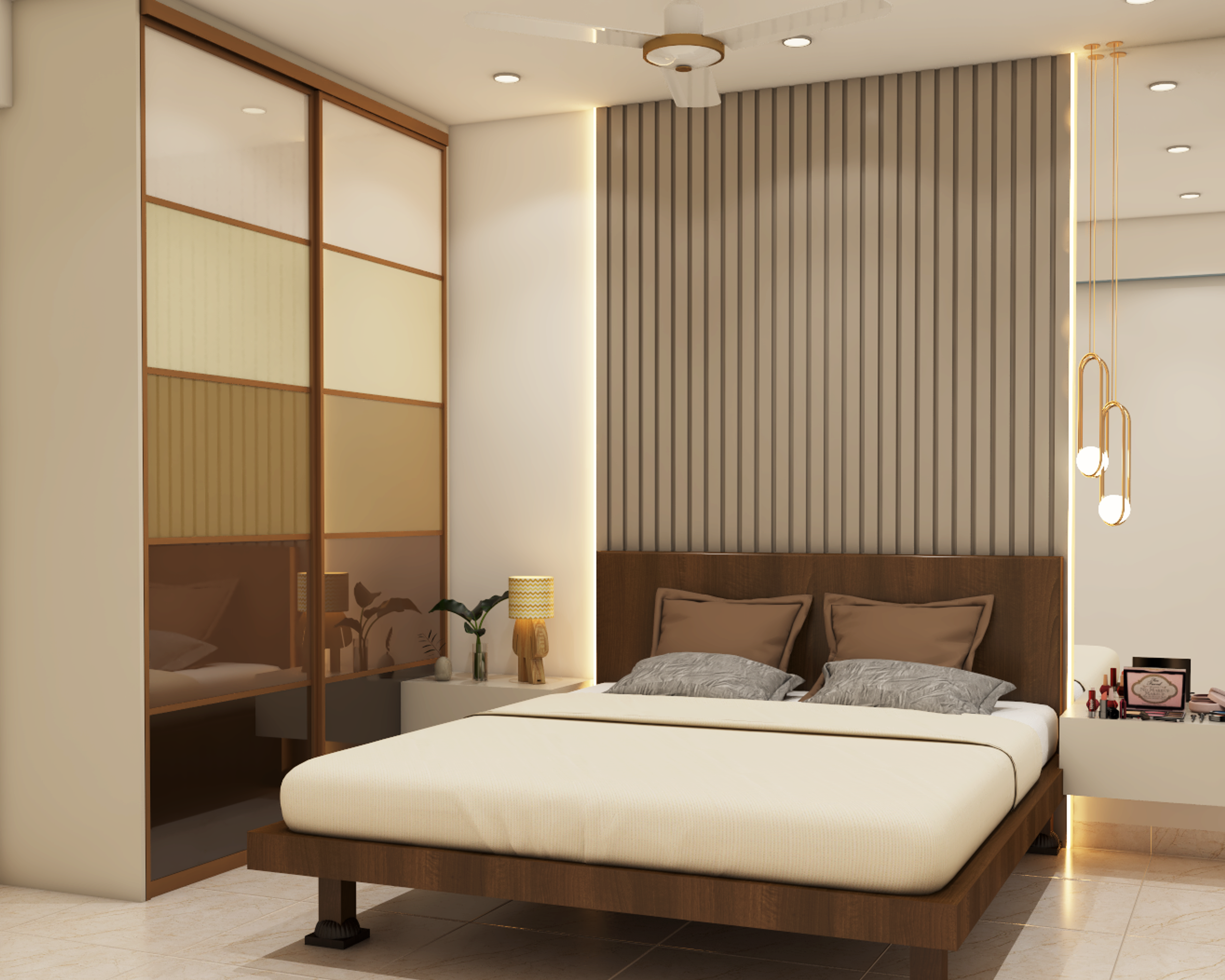 Contemporary Guest Bedroom Design With Louvred Back Panel