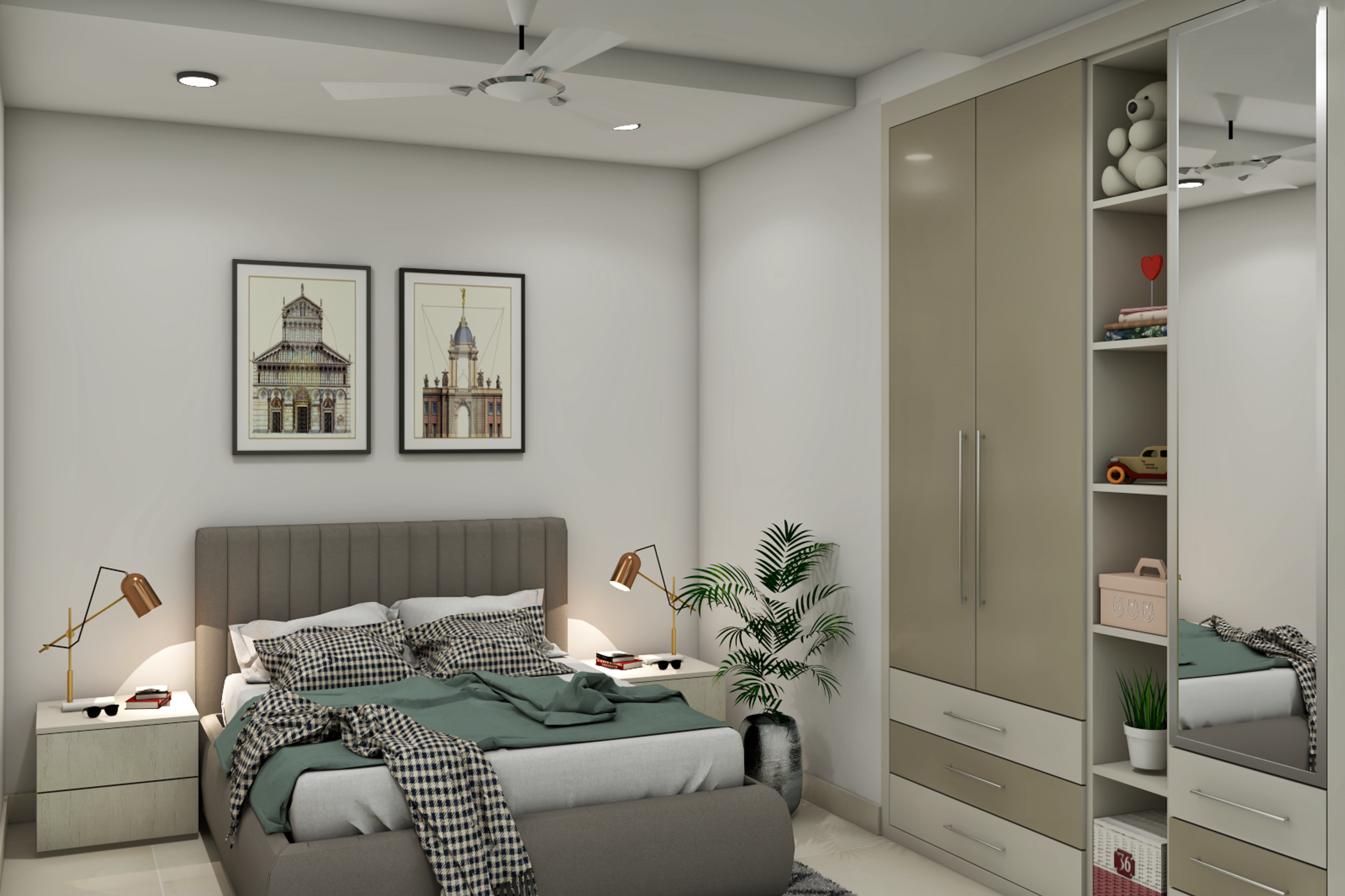 Grey Modern Guest Bedroom Design With Wardrobe And Shelves