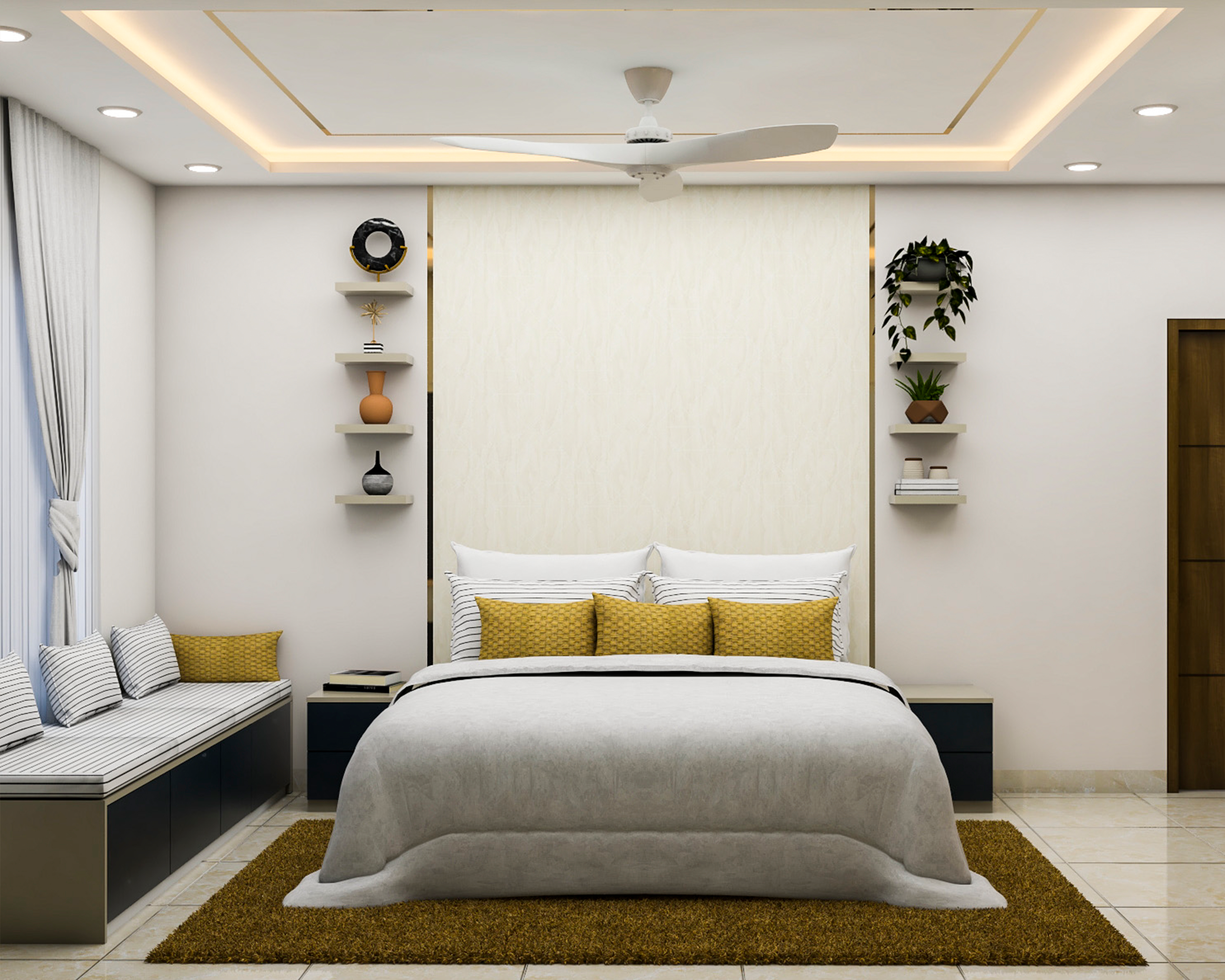 Off-White And Yellow Modern Guest Bedroom Design Idea